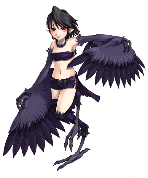 kenkou cross, black harpy, monster girl encyclopedia, bandeau bikini, bird, blush, collar, harpy, monster girl, pointy ears, red eyes, simple background, wings
