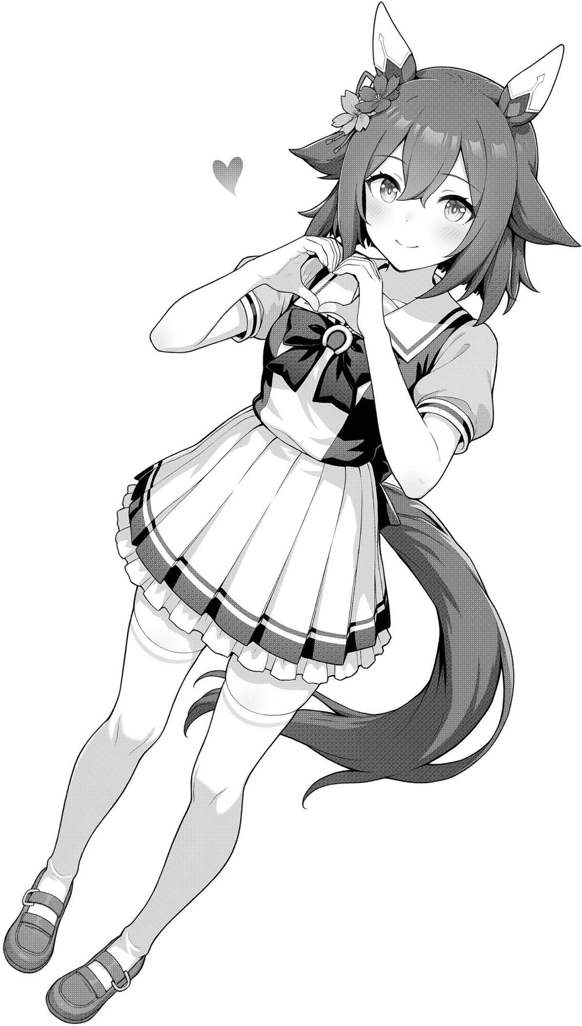 akagi koku, sakura chiyono o (umamusume), umamusume, highres, 1girl, animal ears, ear covers, full body, heart, heart hands, horse ears, horse girl, horse tail, loafers, looking at viewer, monochrome, pleated skirt, school uniform, shoes, short hair, simple background, skirt, smile, solo, standing, tail, thighhighs, tracen school uniform, white background, zettai ryouiki