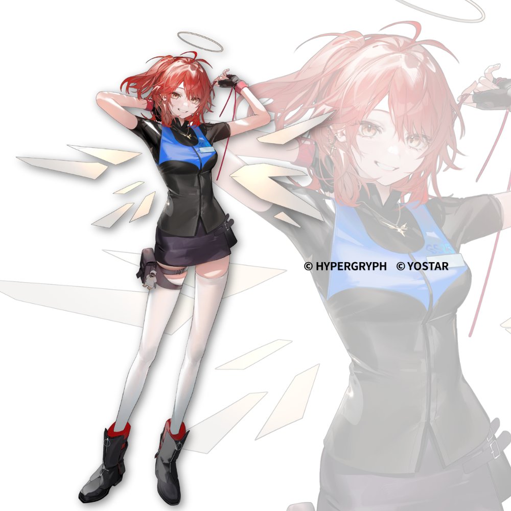 nishikikope, exusiai (arknights), exusiai the new covenant (arknights), arknights, 1girl, arm behind head, black boots, black gloves, black skirt, boots, copyright notice, detached wings, energy wings, fingerless gloves, full body, gloves, halo, hand up, medium hair, parted lips, short sleeves, simple background, skirt, smile, solo, standing, thighhighs, white background, white thighhighs, wings, zoom layer
