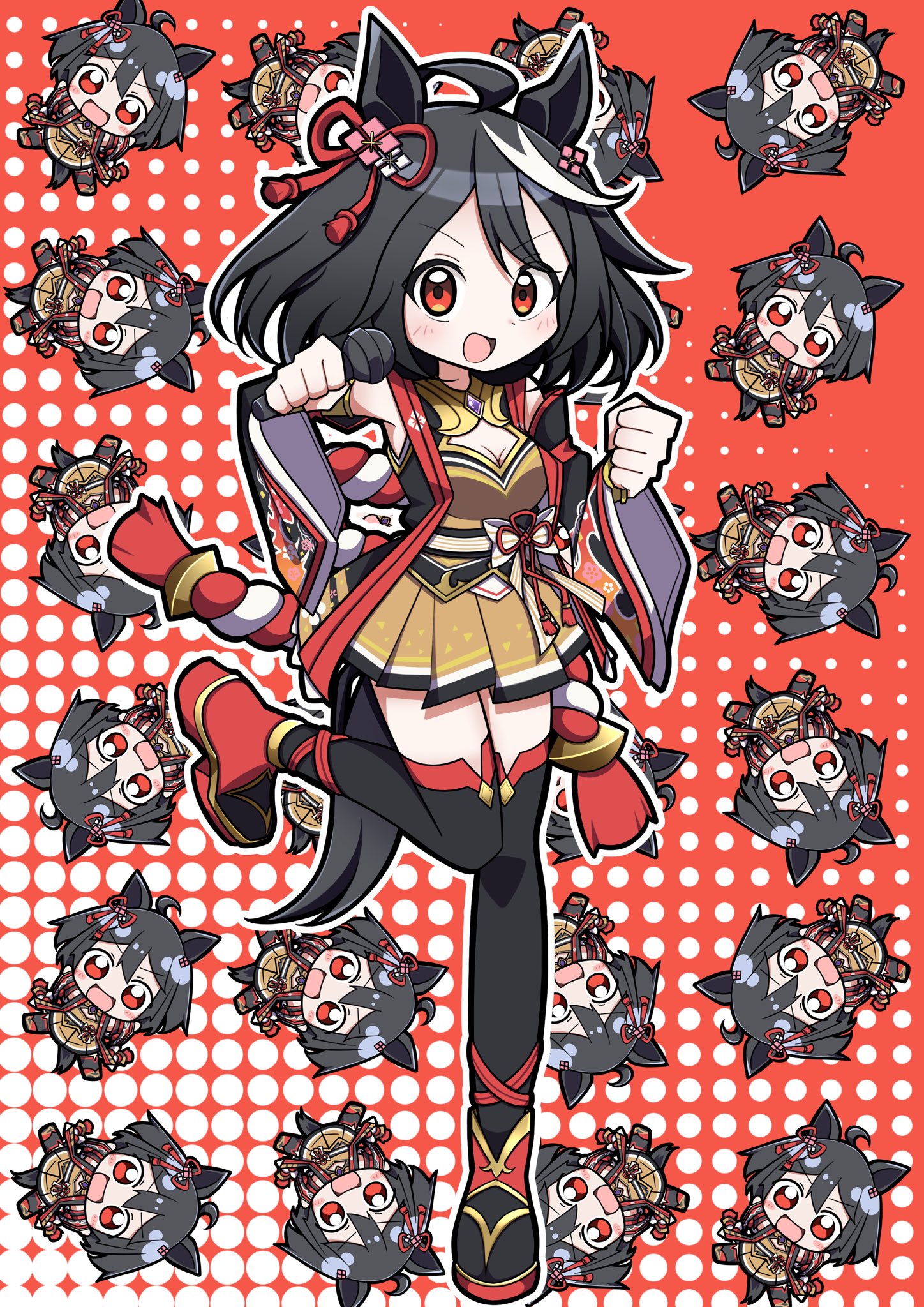 crutch elbow, kitasan black (crowning ooban) (umamusume), kitasan black (umamusume), umamusume, hashtag-only commentary, highres, 1girl, ahoge, animal ears, black hair, bow, breasts, chanchanko (clothes), cleavage, cleavage cutout, clothing cutout, cosplay, detached sleeves, ear ornament, ear ribbon, flower ornament, hair between eyes, hair ornament, horse ears, horse girl, horse tail, kitasan black (umamusume) (cosplay), kouhaku nawa, looking at viewer, multicolored hair, open mouth, red eyes, rope, shimenawa, short hair, smile, streaked hair, tail, white hair, yellow sleeves