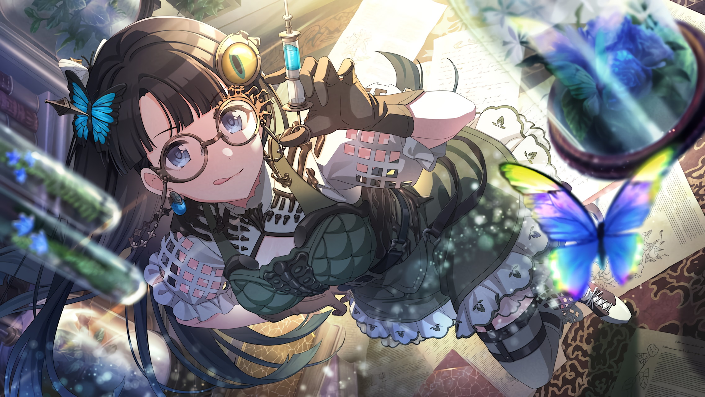 mitsumine yuika, idolmaster, idolmaster shiny colors, game cg, official art, 1girl, belt, black hair, blue eyes, book, bug, butterfly, flower, glass, glasses, gloves, insect, licking lips, paper, side ponytail, sunlight, syringe, tongue, tongue out, vial