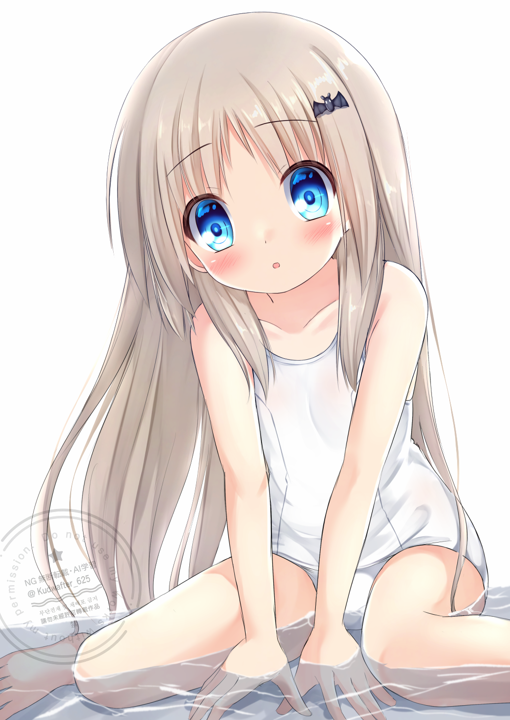 kudpoid (71139), noumi kudryavka, kud wafter, little busters!, highres, 1girl, bat hair ornament, blonde hair, blue eyes, collarbone, hair ornament, long hair, looking at viewer, one-piece swimsuit, school swimsuit, simple background, solo, swimsuit, white background, white one-piece swimsuit