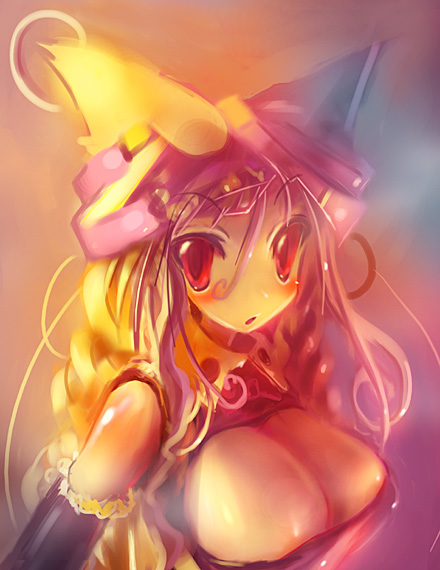 tanaka ken'ichi, original, animal ears, blonde hair, breasts, cat ears, cleavage, detached sleeves, huge breasts, long hair, red eyes, solo