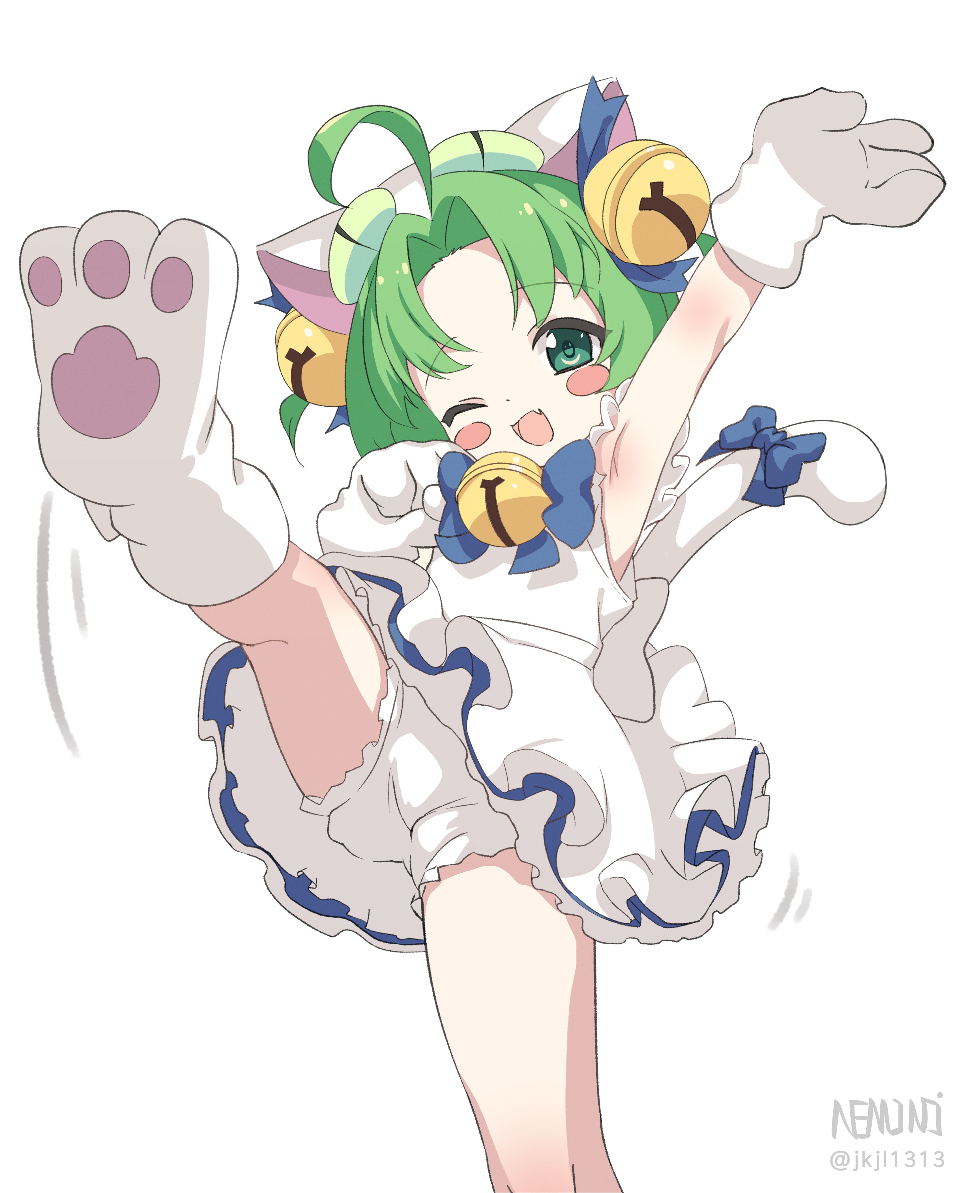n3moni, dejiko, di gi charat, absurdres, commentary, highres, 1girl, ;d, ahoge, animal hat, apron, arm up, armpits, bell, bloomers, blue bow, blue bowtie, blue dress, blue ribbon, blush stickers, bow, bowtie, cat girl, cat hat, cat tail, dress, fang, green eyes, green hair, hair bell, hair ornament, hair ribbon, hat, jingle bell, leg up, looking at viewer, medium hair, mittens, neck bell, one eye closed, open mouth, parted bangs, paw print soles, ribbon, simple background, skin fang, sleeveless, sleeveless dress, smile, solo, tail, tail bow, tail ornament, two side up, underwear, white apron, white background, white bloomers, white hat, white mittens