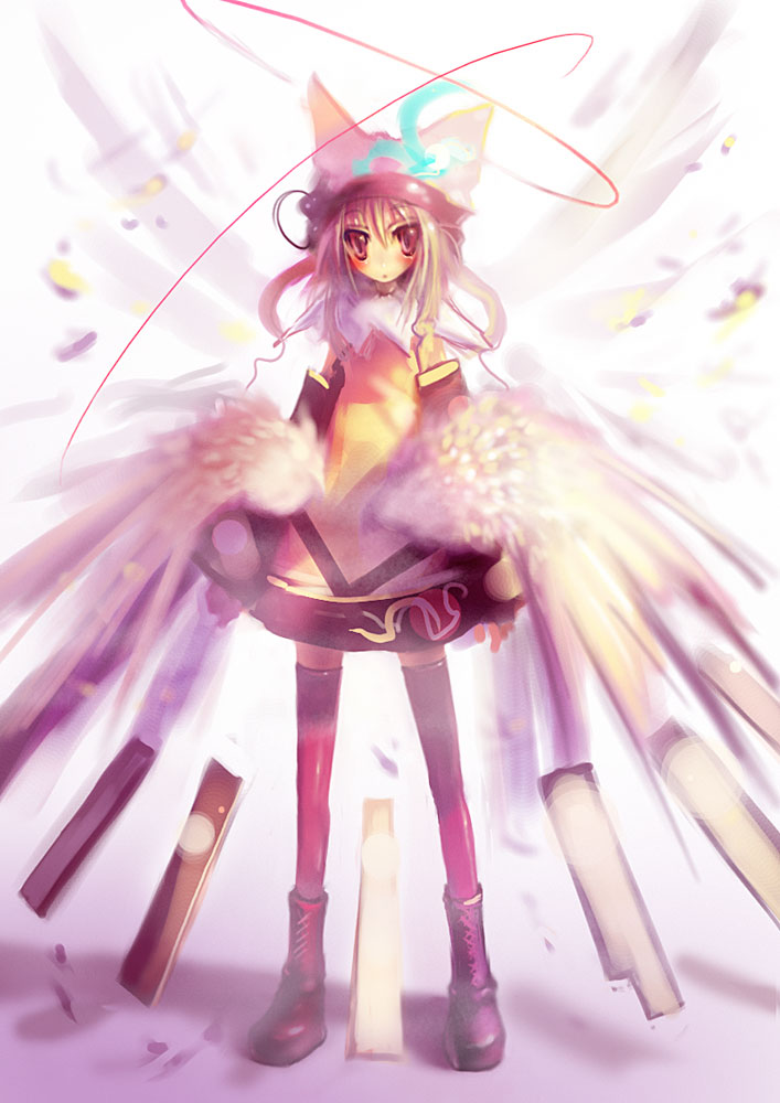 tanaka ken'ichi, original, bad id, bad pixiv id, angel, blonde hair, boots, dress, hat, red eyes, solo, thighhighs, wings