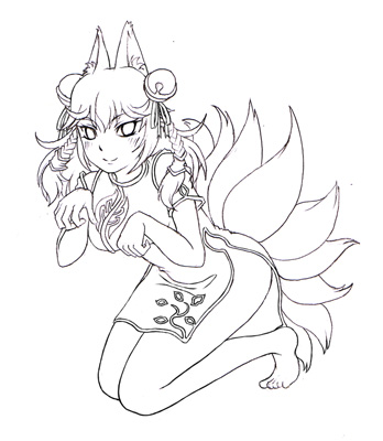 kenkou cross, youko (monster girl encyclopedia), monster girl encyclopedia, lowres, animal ears, bell, fox, fox ears, fox tail, japanese clothes, monochrome, monster girl, multiple tails, tail