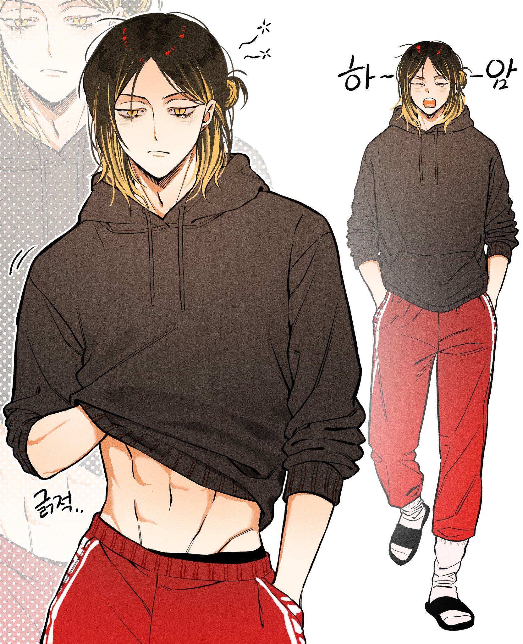 kozume kenma, haikyuu!!, hashtag-only commentary, highres, translation request, 1boy, abs, black hair, black hoodie, black male underwear, blonde hair, closed eyes, closed mouth, full body, hand in pocket, hands in pocket, hood, hoodie, korean text, male focus, male underwear, male underwear peek, midriff, multicolored hair, multiple views, navel, open mouth, pants, red pants, roots (hair), sandals, short hair, socks, socks over pants, teeth, two-tone hair, underwear, westgun, white socks, yawning, yellow eyes