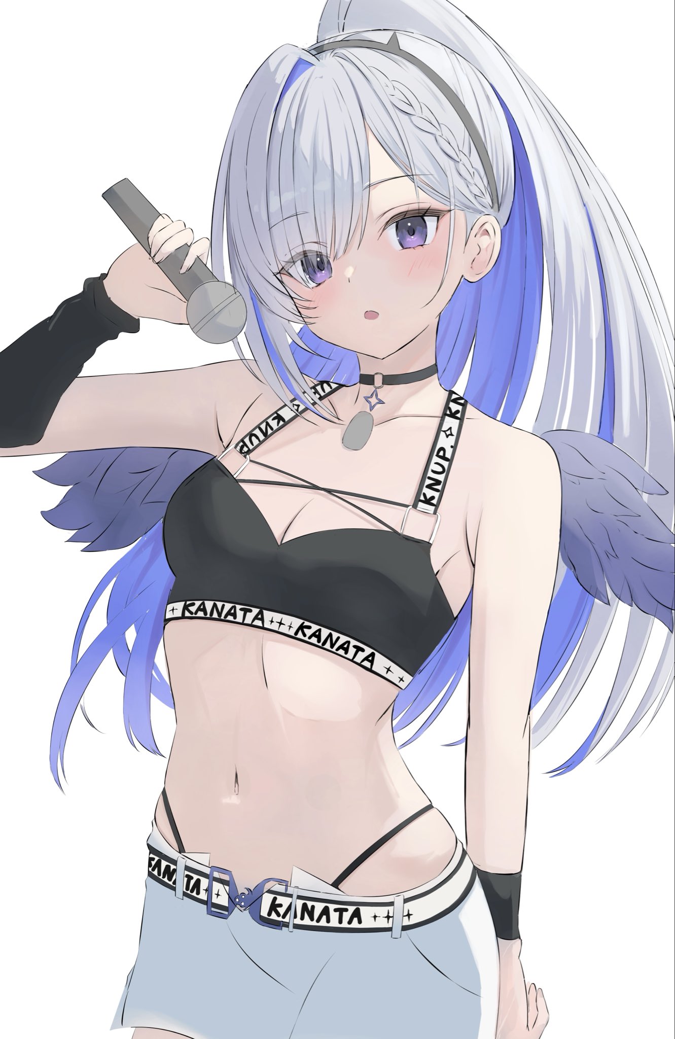 tamamorh, amane kanata, amane kanata (another world), hololive, highres, 1girl, angel wings, arm warmers, black collar, black sports bra, blue hair, bracelet, braid, braided bangs, choker, collar, colored inner hair, fake horns, grey hair, hair between eyes, hair bun, hairband, halo, holding, holding microphone, horns, jewelry, long hair, looking at viewer, microphone, multicolored hair, o-ring, o-ring choker, official alternate costume, official alternate hair length, official alternate hairstyle, open mouth, panty straps, purple eyes, solo, spiked hairband, spikes, sports bra, star halo, virtual youtuber, wings
