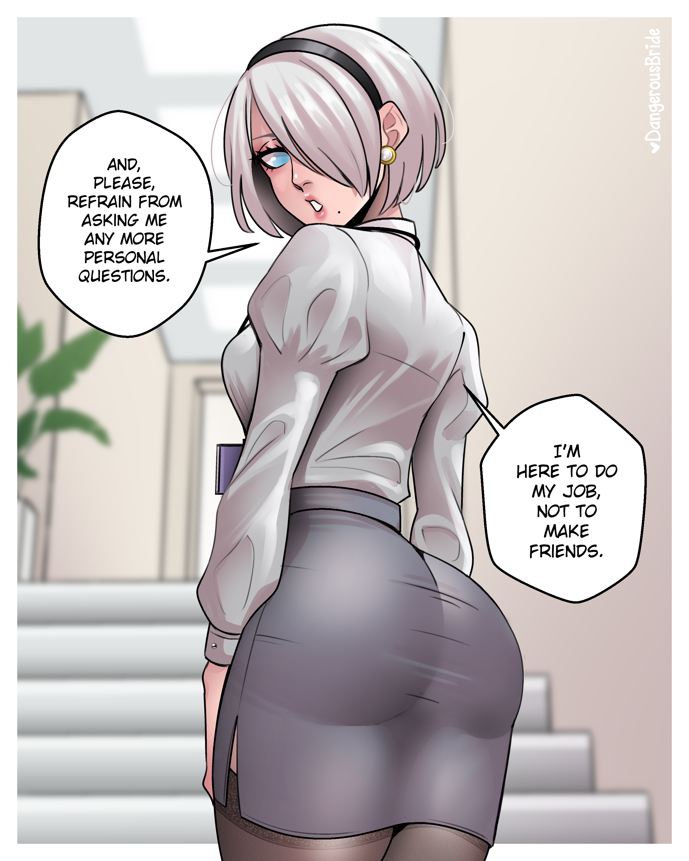 dangerousbride, 2b (nier:automata), nier:automata, nier (series), absurdres, commentary, english commentary, highres, 1girl, ass, black hairband, black thighhighs, blue eyes, breasts, cowboy shot, earrings, english text, from behind, grey hair, hair over one eye, hairband, jewelry, juliet sleeves, long sleeves, looking back, medium breasts, miniskirt, mole, mole under mouth, office lady, parted lips, pencil skirt, puffy sleeves, short hair, side slit, skirt, solo, stairs, thighhighs