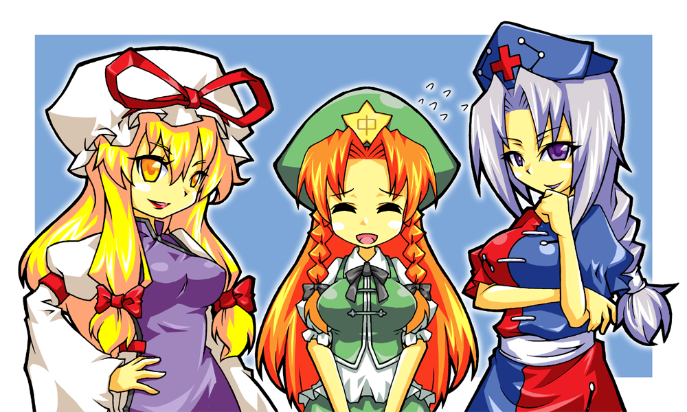 ekus (xo ekus), shuushokuna ekus, hong meiling, yagokoro eirin, yakumo yukari, touhou, silver hair, bad id, bad pixiv id, 3girls, ^ ^, blonde hair, braid, breasts, china dress, chinese clothes, closed eyes, dress, female focus, hand on own hip, hat, hip focus, large breasts, long hair, medium breasts, multiple girls, red hair, ribbon, twin braids