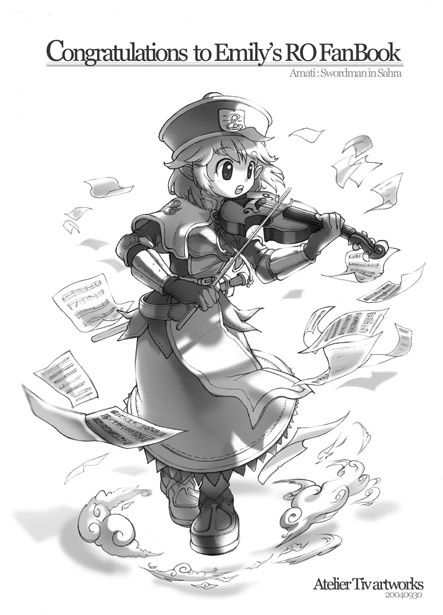 tiv, munak, swordsman (ragnarok online), ragnarok online, archived source, commentary request, korean commentary, 1girl, 2004, armor, artist name, belt, belt buckle, breastplate, breasts, buckle, capelet, congratulations, counter, dated commentary, english text, floating, floating object, floating paper, full body, gift art, greyscale, hat, holding, holding instrument, holding violin, instrument, jiangshi, knight, long skirt, medium breasts, medium hair, monochrome, music, ofuda, papers, playing instrument, qingdai guanmao, sheet music, shoes, skirt, talisman, vambraces, violin, walking