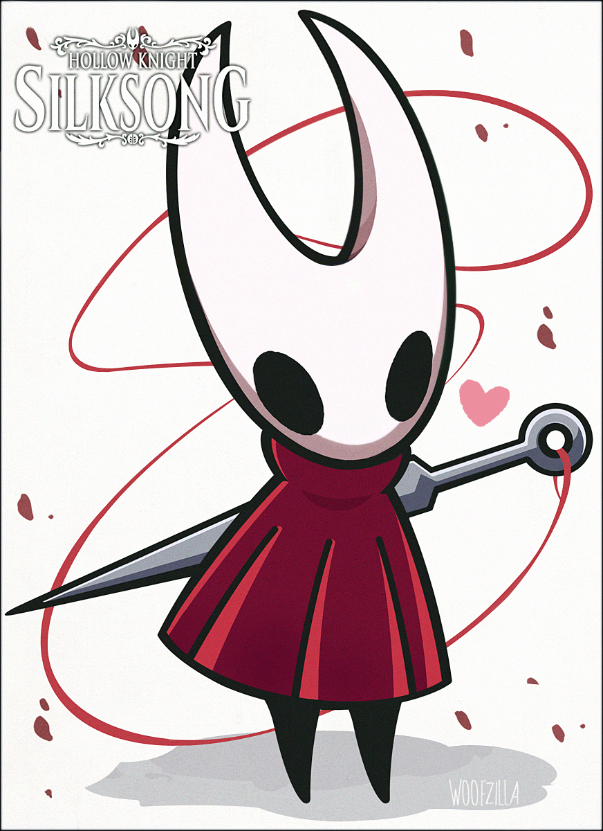 woofzilla, hornet (hollow knight), hollow knight, hollow knight: silksong, commentary, english commentary, highres, mixed-language commentary, 1girl, artist name, black eyes, cloak, copyright logo, full body, heart, logo, needle, red cloak, sewing needle, shadow, simple background, solo, standing, string, white background