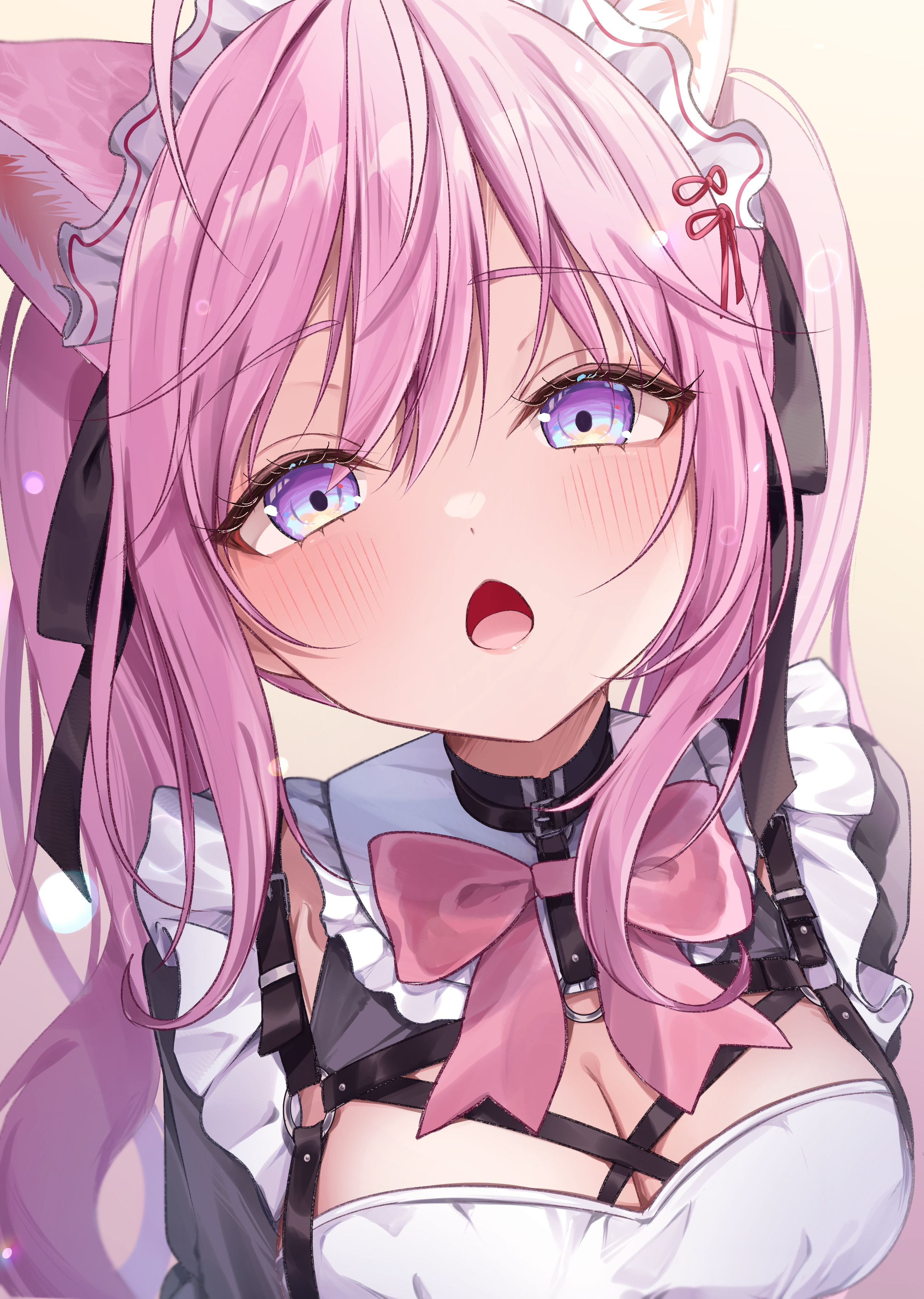 shagaihi, hakui koyori, hololive, absurdres, highres, 1girl, animal ears, black choker, black dress, black ribbon, blue eyes, blush, bow, bowtie, breasts, chest harness, choker, cleavage, close-up, dress, gradient eyes, hair between eyes, hair ribbon, harness, large breasts, long hair, looking at viewer, maid headdress, multicolored eyes, o-ring, o-ring harness, open mouth, pink bow, pink bowtie, pink hair, purple eyes, ribbon, solo, twintails, virtual youtuber, wolf ears, wolf girl