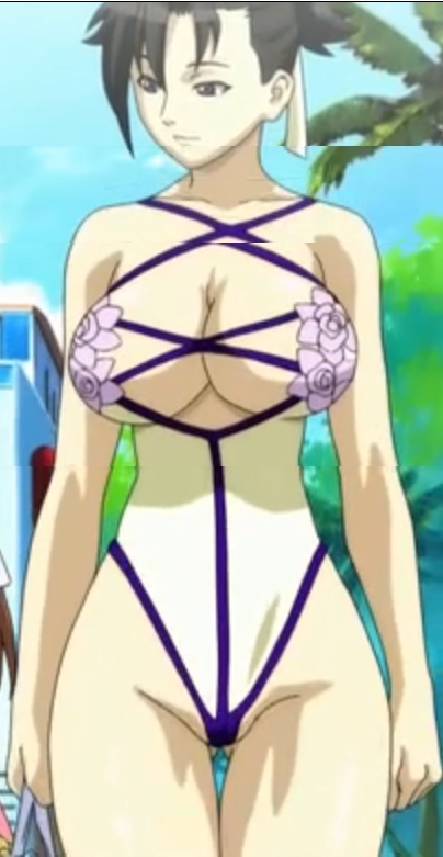 sei (bakuretsu tenshi), bakuretsu tenshi, anime screenshot, 00s, 1girl, breasts, cleavage, curvy, female focus, hair ribbon, large breasts, one-piece swimsuit, ponytail, ribbon, shiny skin, short hair, solo, swimsuit