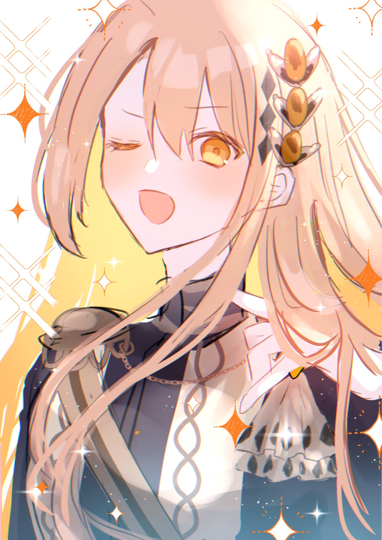 rikako0229, hasumi leia, mahou shoujo no majo saiban, commentary request, highres, 1girl, adjusting hair, alternate hair length, alternate hairstyle, black jacket, blonde hair, hand up, jacket, long hair, looking at viewer, one eye closed, open mouth, sash, shoulder sash, smile, solo, sparkle, upper body, yellow eyes