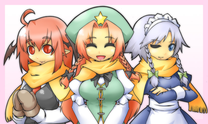 ekus (xo ekus), shuushokuna ekus, hong meiling, izayoi sakuya, koakuma, embodiment of scarlet devil, touhou, silver hair, bad id, bad pixiv id, 3girls, :d, ;), ^ ^, bat wings, blue eyes, braid, china dress, chinese clothes, closed eyes, crossed arms, dress, female focus, hat, head wings, long hair, maid, mittens, multiple girls, one eye closed, open mouth, pointy ears, red eyes, red hair, ribbon, scarf, shared clothes, shared scarf, short hair, smile, twin braids, wings, wink