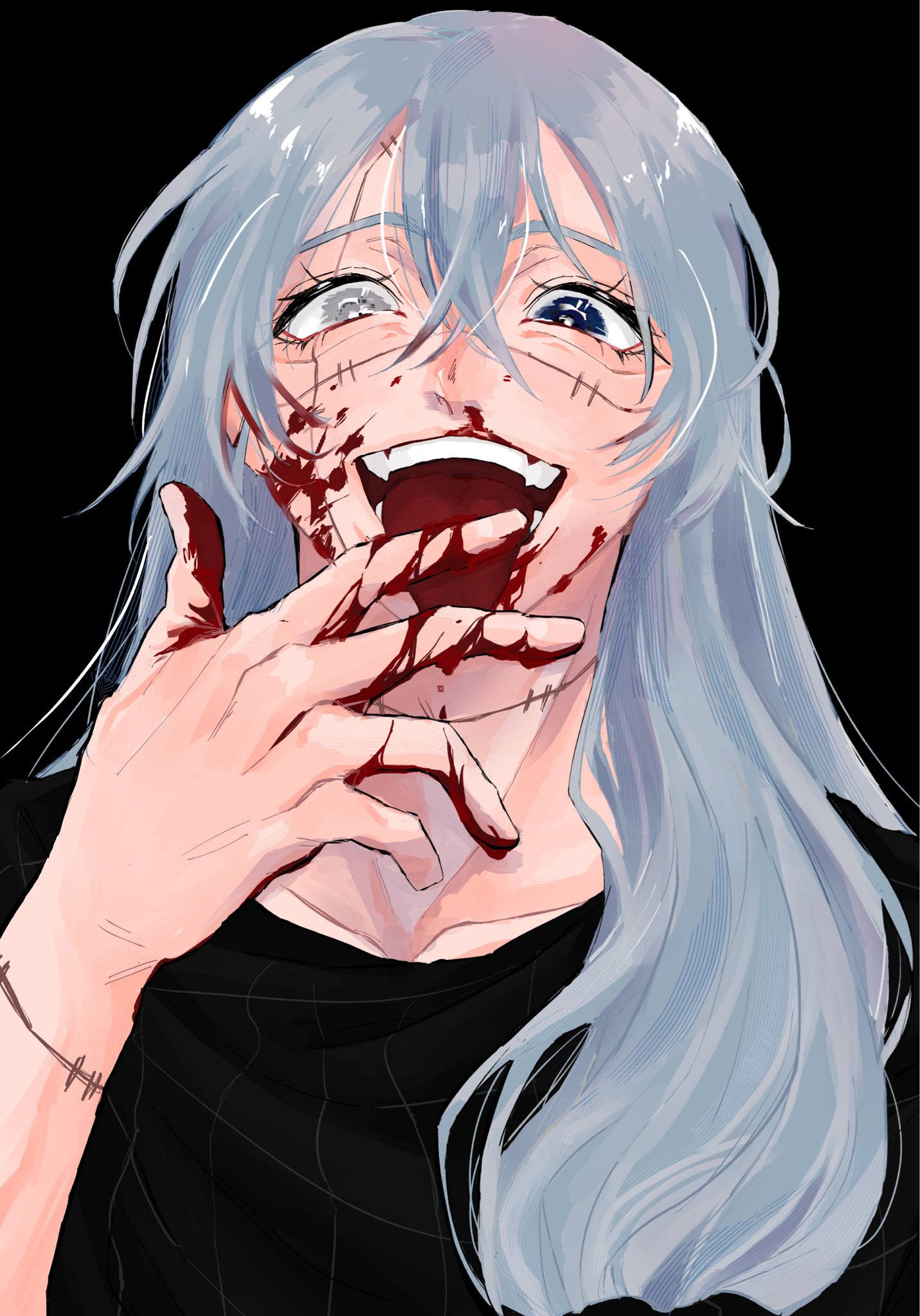 mahito (jujutsu kaisen), jujutsu kaisen, highres, 1boy, black background, blood, blood on face, blood on hands, blue eyes, blue hair, evil smile, grey eyes, heterochromia, licking blood, long hair, male focus, miyo k 4432, portrait, smile, solo, stitched face, stitched neck, stitched wrist, stitches