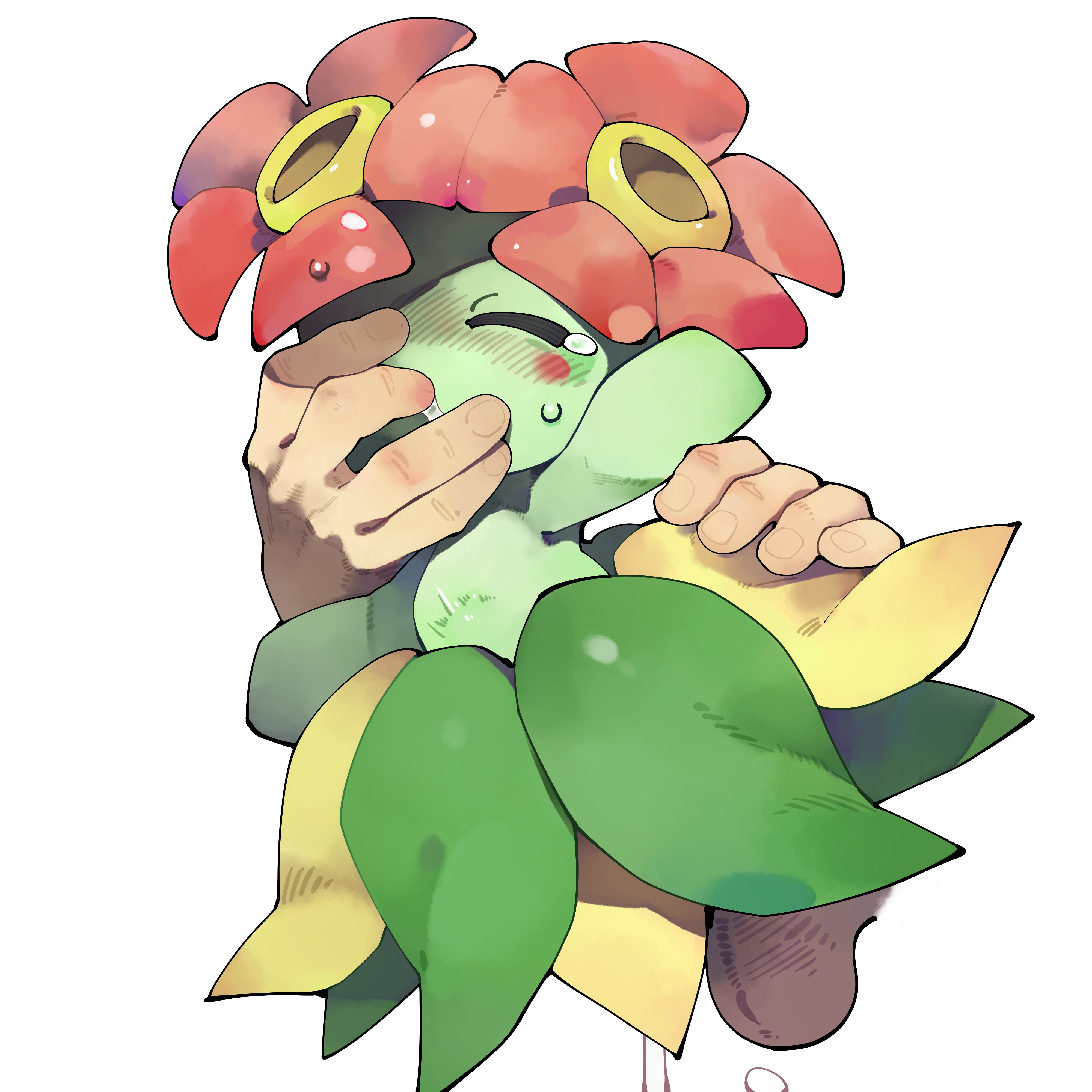 youjo modoki, bellossom, nintendo, pokemon, absurdres, highres, 1boy, 1girl, blush, closed eyes, colored skin, flower, gen 2 pokemon, green skin, hetero, monster girl, plant girl, pokemon (creature), pokephilia, sex, simple background, solo focus, testicles, uncensored, white background