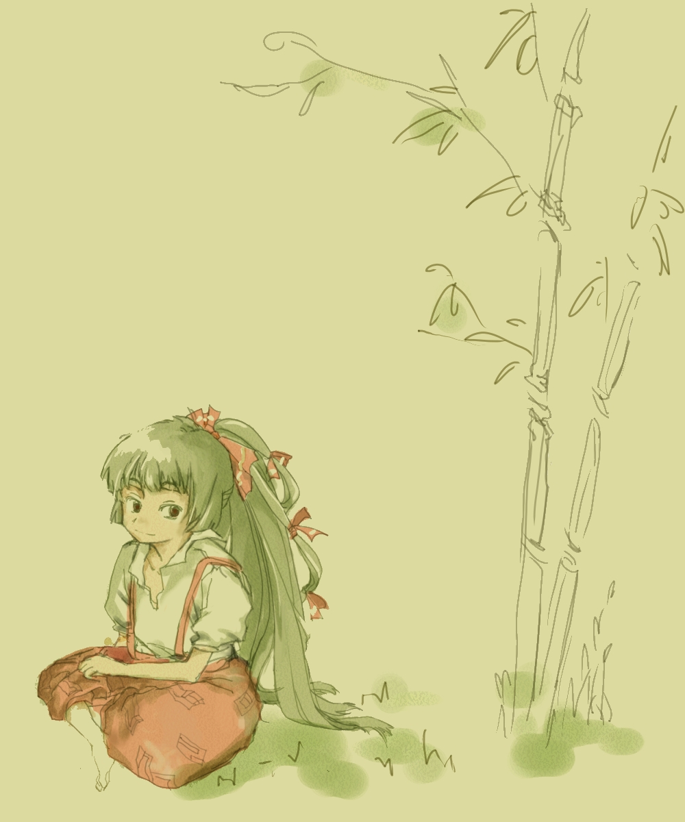 miss grace, fujiwara no mokou, touhou, highres, 1girl, bamboo, black hair, female focus, full body, long hair, looking at viewer, plant, puffy short sleeves, puffy sleeves, shirt, short sleeves, solo, suspenders, very long hair, white shirt