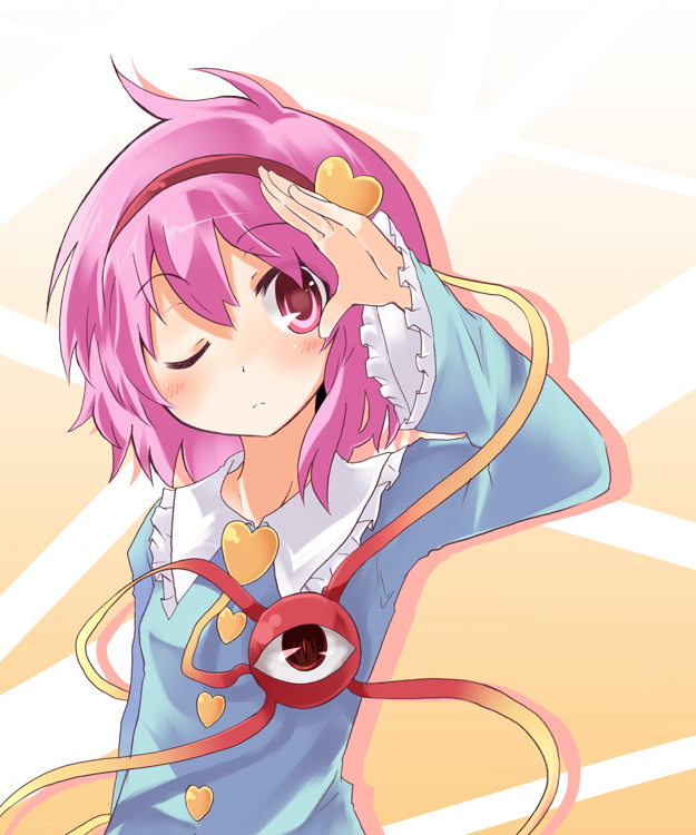 mukunoki nanatsu, nanatsu, komeiji satori, touhou, bad id, bad pixiv id, 1girl, female focus, hairband, heart, one eye closed, pink eyes, pink hair, solo, wink