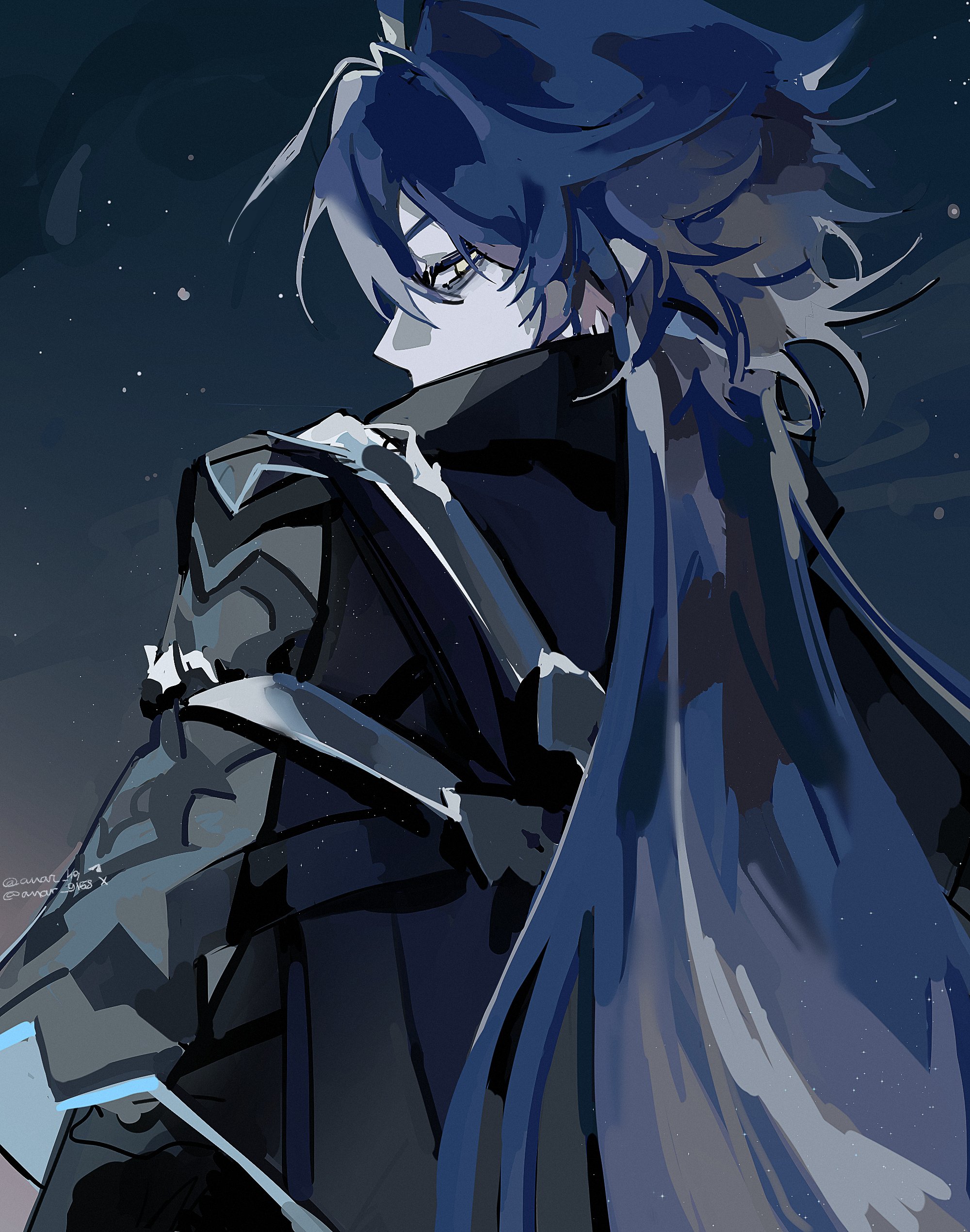 flins (genshin impact), genshin impact, absurdres, highres, 1boy, anar 9158, blue hair, long hair, long sleeves, looking at viewer, male focus, night, night sky, sketch, sky, solo, yellow eyes