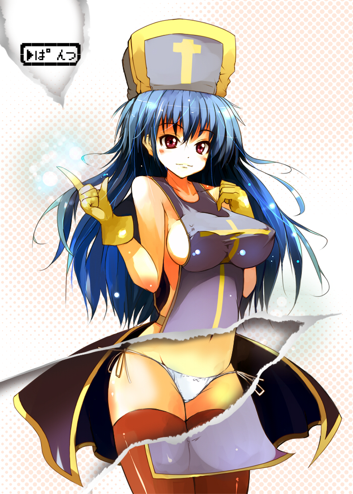 ippongui, priest (dq3), chunsoft, dragon quest, dragon quest iii, enix, 1girl, blue hair, blush, breasts, covered erect nipples, female focus, gloves, hat, large breasts, latex, long hair, mitre, naked tabard, page tear, panties, red eyes, revealing layer, side-tie panties, sideboob, solo, tabard, thighhighs, underwear