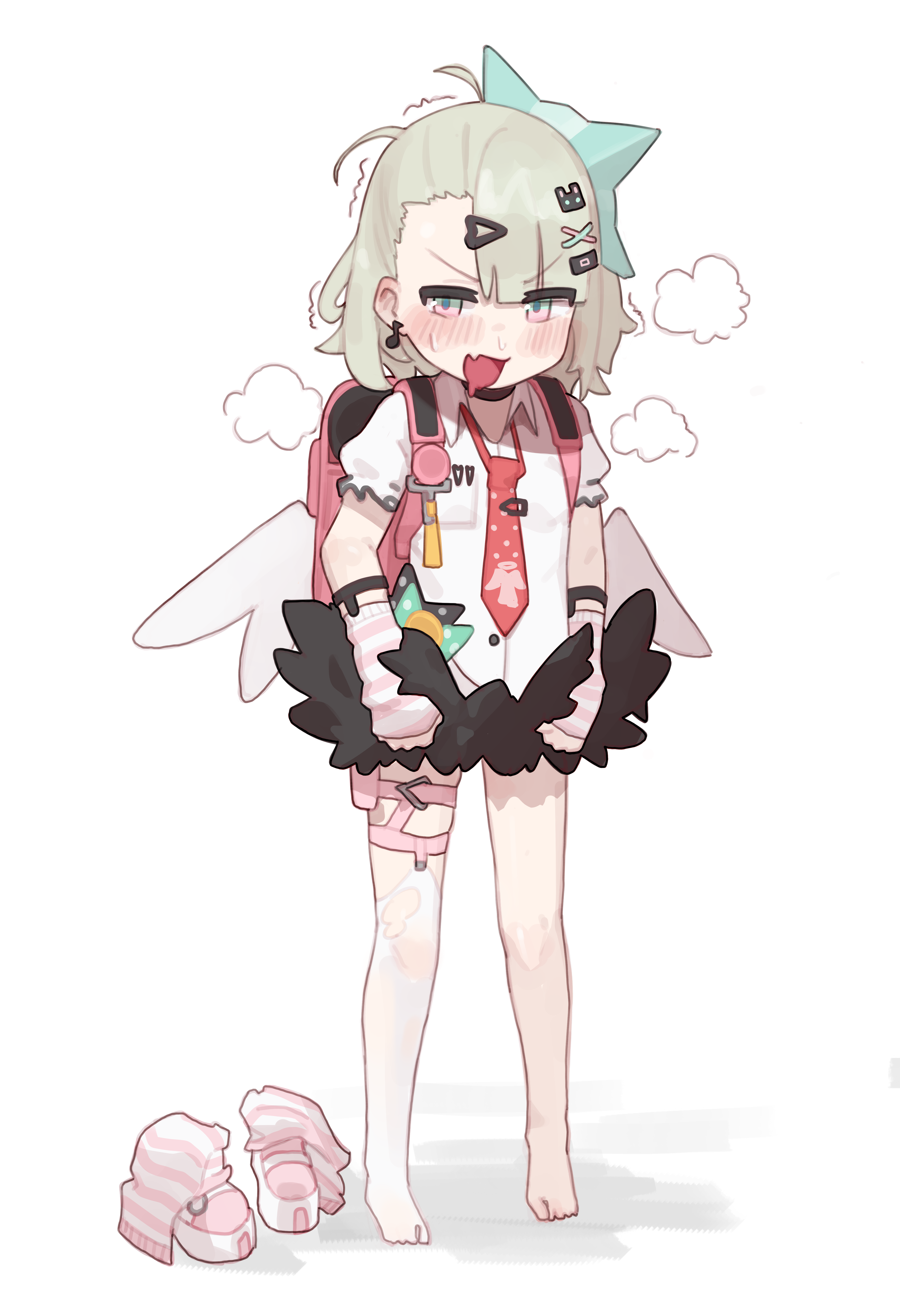 erifan0, chinatsu remiel, zenless zone zero, absurdres, commentary request, highres, 1girl, backpack, bag, barefoot, black skirt, blush, collared shirt, fang, flat chest, frilled sleeves, frills, full body, green eyes, green hair, hair ornament, heisei retro, multicolored eyes, necktie, open mouth, pink bag, pink eyes, pink shoes, pink socks, randoseru, red necktie, shirt, shoes, short hair, short sleeves, simple background, skin fang, skirt, socks, solo, standing, toes, triangle hair ornament, two-tone eyes, unworn shoes, unworn socks, white background, white shirt, white wings, wings, x hair ornament, y2k fashion