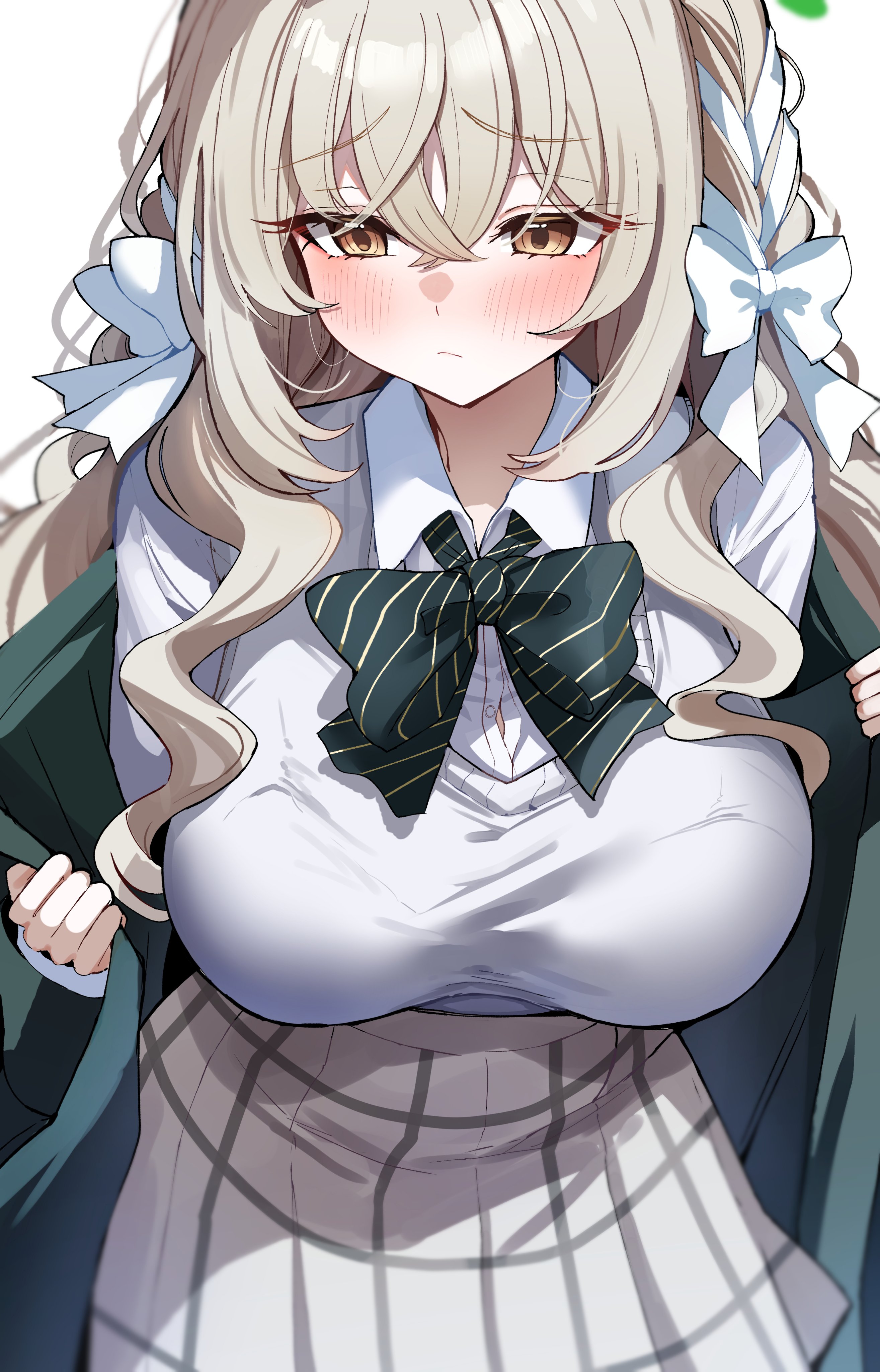 sak (lemondisk), miyo (blue archive), blue archive, absurdres, commentary, highres, 1girl, black bow, black bowtie, black jacket, blush, bow, bowtie, braid, breasts, brown hair, cardigan, closed mouth, crossed bangs, diagonal-striped bow, diagonal-striped bowtie, diagonal-striped clothes, grey skirt, hair between eyes, hair bow, hair ribbon, jacket, large breasts, long hair, open clothes, open jacket, opened by self, ribbon, ribbon braid, school uniform, shirt, simple background, skirt, solo, striped bow, striped bowtie, striped clothes, white background, white bow, white cardigan, white shirt, yellow eyes
