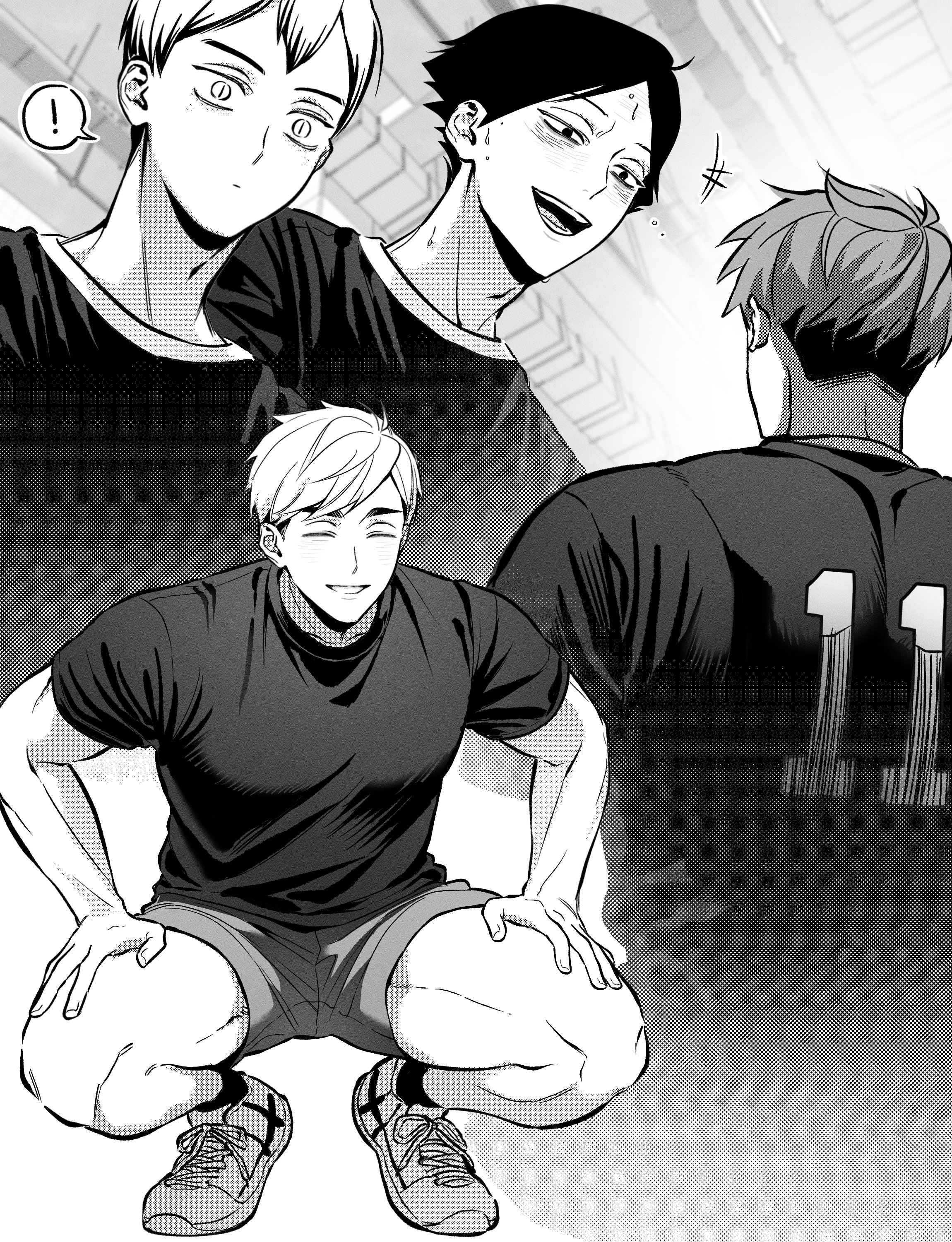 kita shinsuke, miya atsumu, suna rintarou, haikyuu!!, absurdres, commentary request, highres, korean commentary, 3boys, ?, adam's apple, closed eyes, covered pectorals, from behind, grin, hands on own thighs, male focus, mismatched eyebrows, multicolored hair, multiple boys, multiple views, open mouth, pectorals, screentones, shirt, shorts, smile, spoken question mark, sportswear, sweat, teeth, thighs, tongue, two-tone hair, undercut, volleyball uniform, westgun
