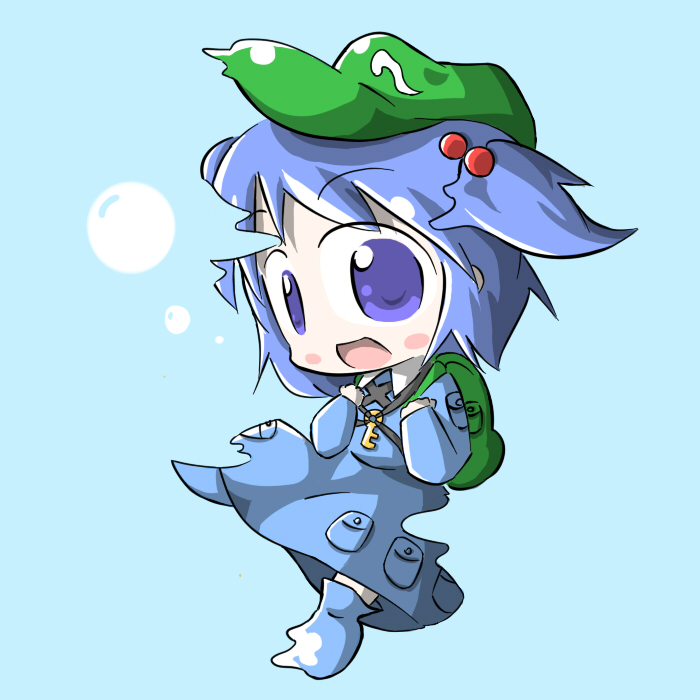 aoblue, kawashiro nitori, touhou, 1girl, backpack, bag, blue eyes, blue hair, chibi, female focus, hair bobbles, hair ornament, hat, key, matching hair/eyes, randoseru, short hair, solo, two side up