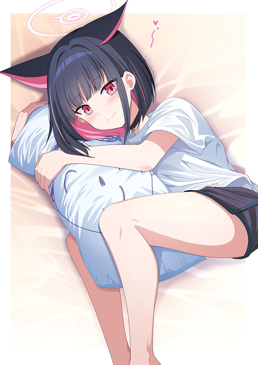 eko, doodle sensei (blue archive), kazusa (blue archive), sensei (blue archive), blue archive, highres, 1girl, animal ears, black hair, black shorts, cat ears, colored inner hair, extra ears, halo, multicolored hair, pink hair, shirt, shorts, solo, white shirt