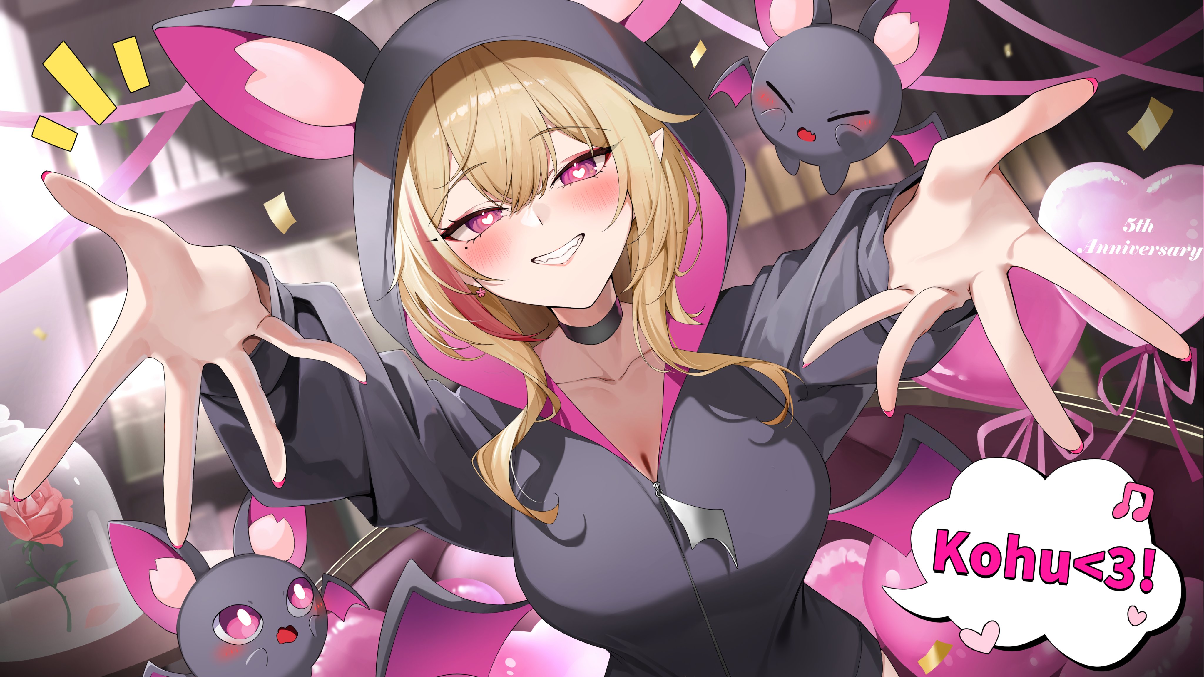 gawawawa, kou mariya, v4mirai, absurdres, commission, highres, second-party source, 1girl, animal hood, anniversary, balloon, bat (animal), bat hood, black choker, black hoodie, blonde hair, blurry, blurry background, blush, bookshelf, breasts, bright pupils, choker, closed eyes, confetti, earrings, eighth note, fang, flower, flower earrings, heart, heart-shaped pupils, heart balloon, hood, hood up, hoodie, indoors, jewelry, large breasts, long hair, long sleeves, looking at viewer, mole, mole under eye, multicolored hair, musical note, nail polish, navel, notice lines, open mouth, outstretched arms, pink flower, pink nails, pointy ears, purple eyes, reaching, reaching towards viewer, red flower, red hair, red rose, rose, skin fang, slit pupils, smile, solo, speech bubble, streaked hair, symbol-shaped pupils, upper body, virtual youtuber, white pupils, zipper, zipper pull tab