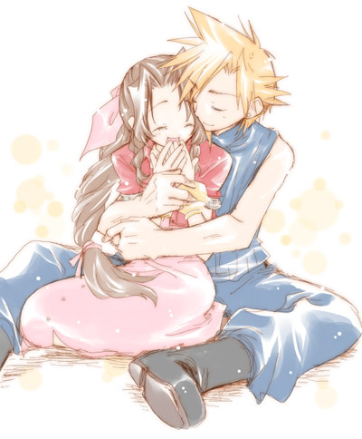 hotaru takana, aerith gainsborough, cloud strife, final fantasy, final fantasy vii, bad id, bad pixiv id, lowres, 1990s (style), 1boy, 1girl, bow, closed eyes, couple, dress, hetero, hug, hug from behind, long hair, pink bow, pink dress, retro artstyle, smile, very long hair