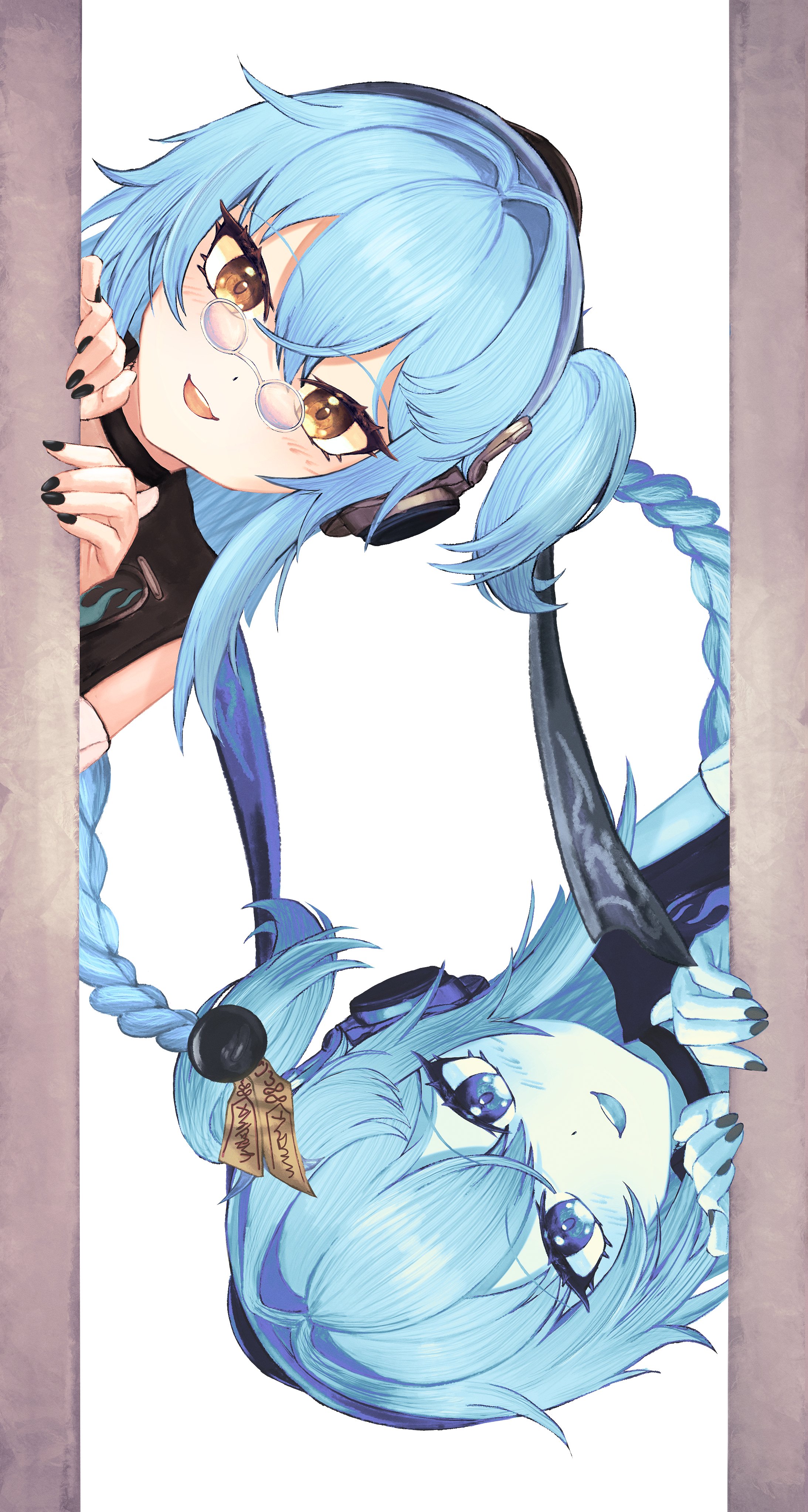 aoi (ayakaze aoi), buling (wuthering waves), wuthering waves, absurdres, highres, 1girl, black choker, black jacket, black nails, blue hair, blush, choker, detached sleeves, eyelashes, glasses, headphones, jacket, long hair, looking at viewer, multiple views, open mouth, pince-nez, round eyewear, side ponytail, smile, tinted eyewear, upper body, yellow eyes