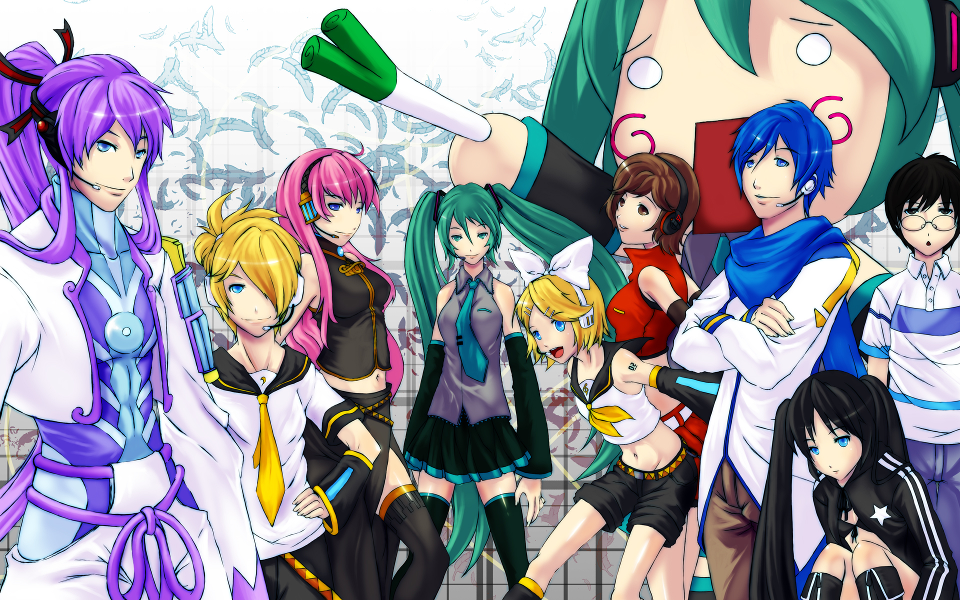 miandni, niandni, black rock shooter (character), hachune miku, hatsune miku, kagamine len, kagamine rin, kaito (vocaloid), kamui gakupo, megurine luka, meiko (vocaloid), black rock shooter, vocaloid, bad deviantart id, bad id, highres, 10s, 4boys, 6+girls, artist self-insert, everyone, multiple boys, multiple girls, spring onion