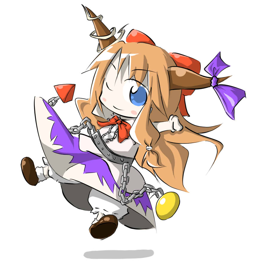 aoblue, ibuki suika, touhou, 1girl, bloomers, blue eyes, brown hair, chain, chibi, female focus, horns, long hair, one eye closed, orange hair, ribbon, solo, underwear, wink