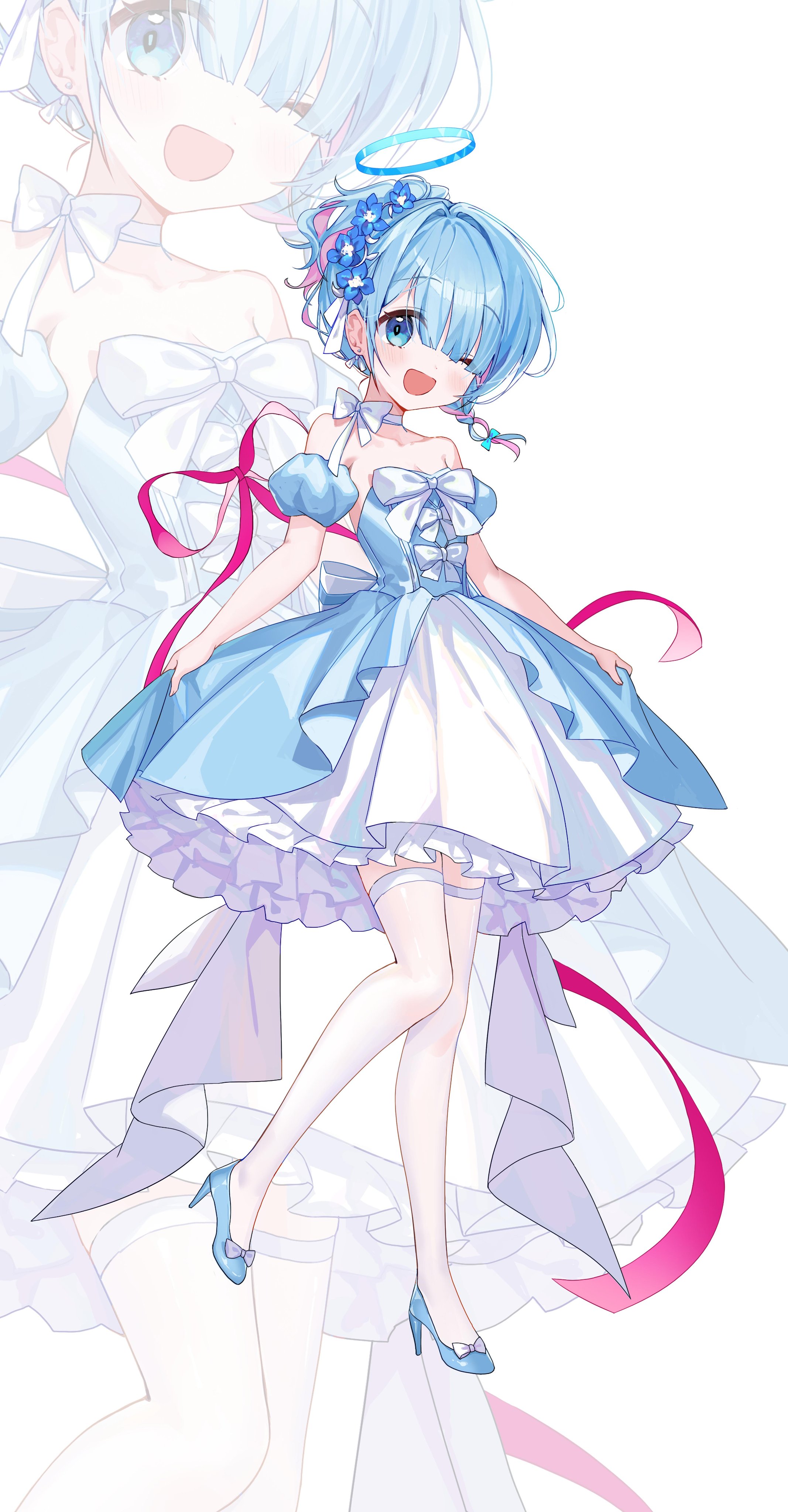 b soyo1, arona (blue archive), blue archive, absurdres, commentary, highres, 1girl, ;d, bare shoulders, blue dress, blue eyes, blue hair, blue halo, blue shoes, blue sleeves, blunt bangs, blush, bow, bow choker, braid, choker, detached sleeves, dress, flower, frilled dress, frills, full body, hair flower, hair ornament, halo, high heels, looking at viewer, multicolored hair, one eye closed, open mouth, pink hair, shoes, short hair, short sleeves, simple background, single braid, smile, solo, standing, strapless, strapless dress, thighhighs, two-tone hair, white background, white choker, white thighhighs