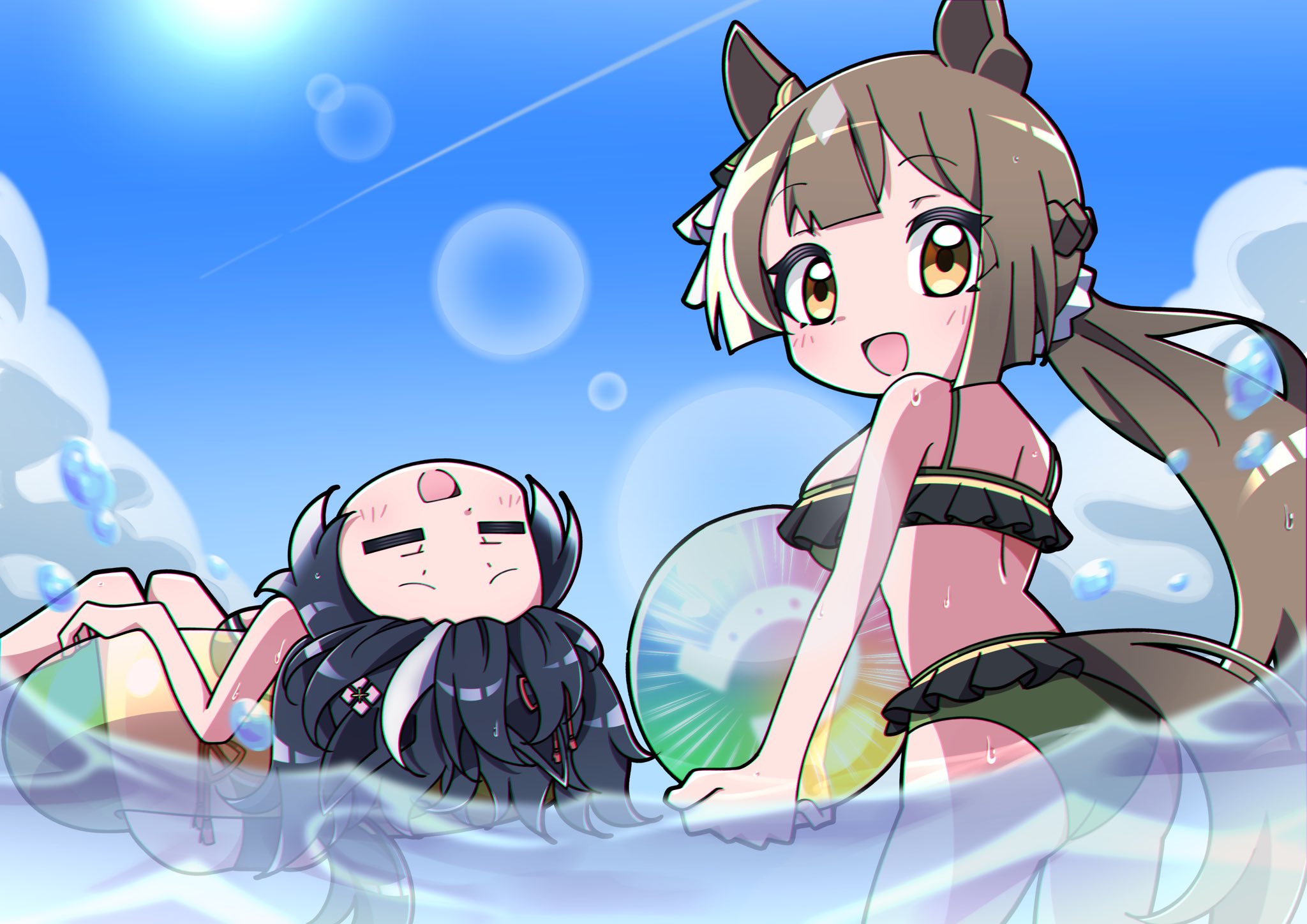 crutch elbow, kitasan black (umamusume), satono diamond (umamusume), umamusume, highres, animal ears, black hair, bow, braid, brown hair, double-parted bangs, ear ornament, ear ribbon, flower ornament, half up braid, half updo, horse ears, horse girl, horse tail, multicolored hair, rope, shimenawa, streaked hair, swimsuit, tail, white hair