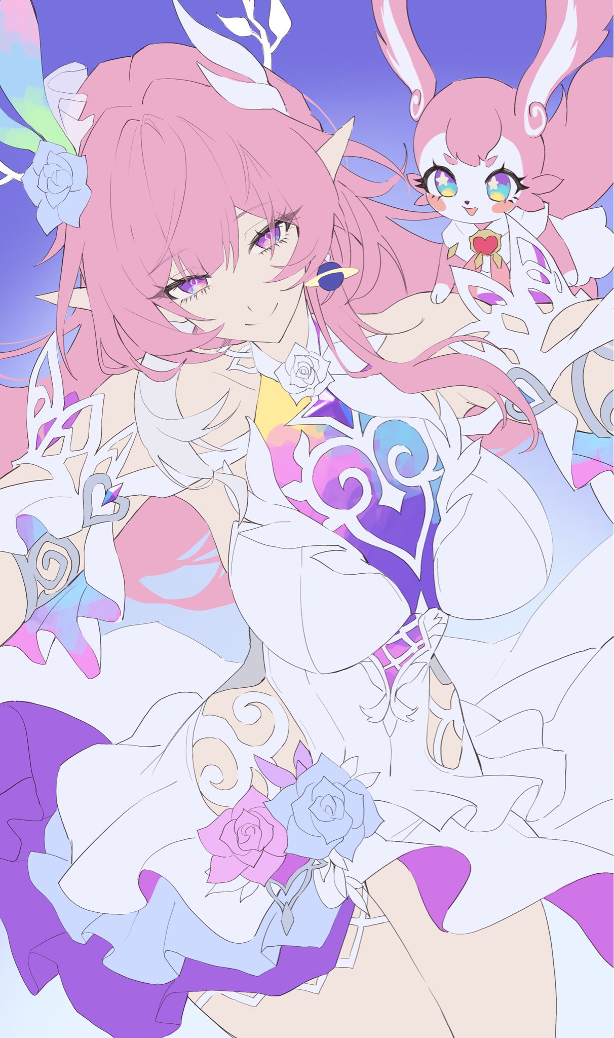 netural, cyrene (honkai: star rail), cyrene (ripples of past reverie) (honkai: star rail), mem (honkai: star rail), honkai: star rail, honkai (series), commentary, english commentary, highres, 1girl, bare shoulders, blue flower, blue rose, breasts, closed mouth, cowboy shot, diamond-shaped pupils, diamond (shape), dress, dual persona, earrings, flower, hair flower, hair ornament, jewelry, large breasts, long hair, long pointy ears, looking at viewer, pink hair, pointy ears, purple background, purple eyes, rose, sidelocks, smile, solo, split mouth, symbol-shaped pupils, thighs, white dress