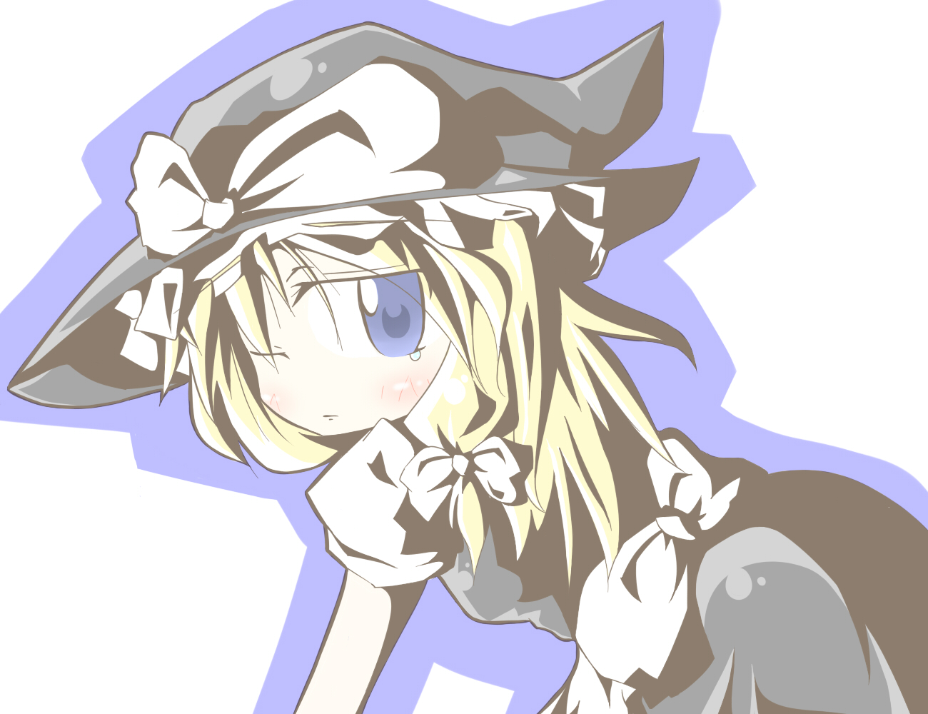 aoblue, kirisame marisa, touhou, 1girl, blonde hair, blue eyes, braid, dress, female focus, hat, looking back, one eye closed, simple background, solo, tears, white background, wink, witch, witch hat