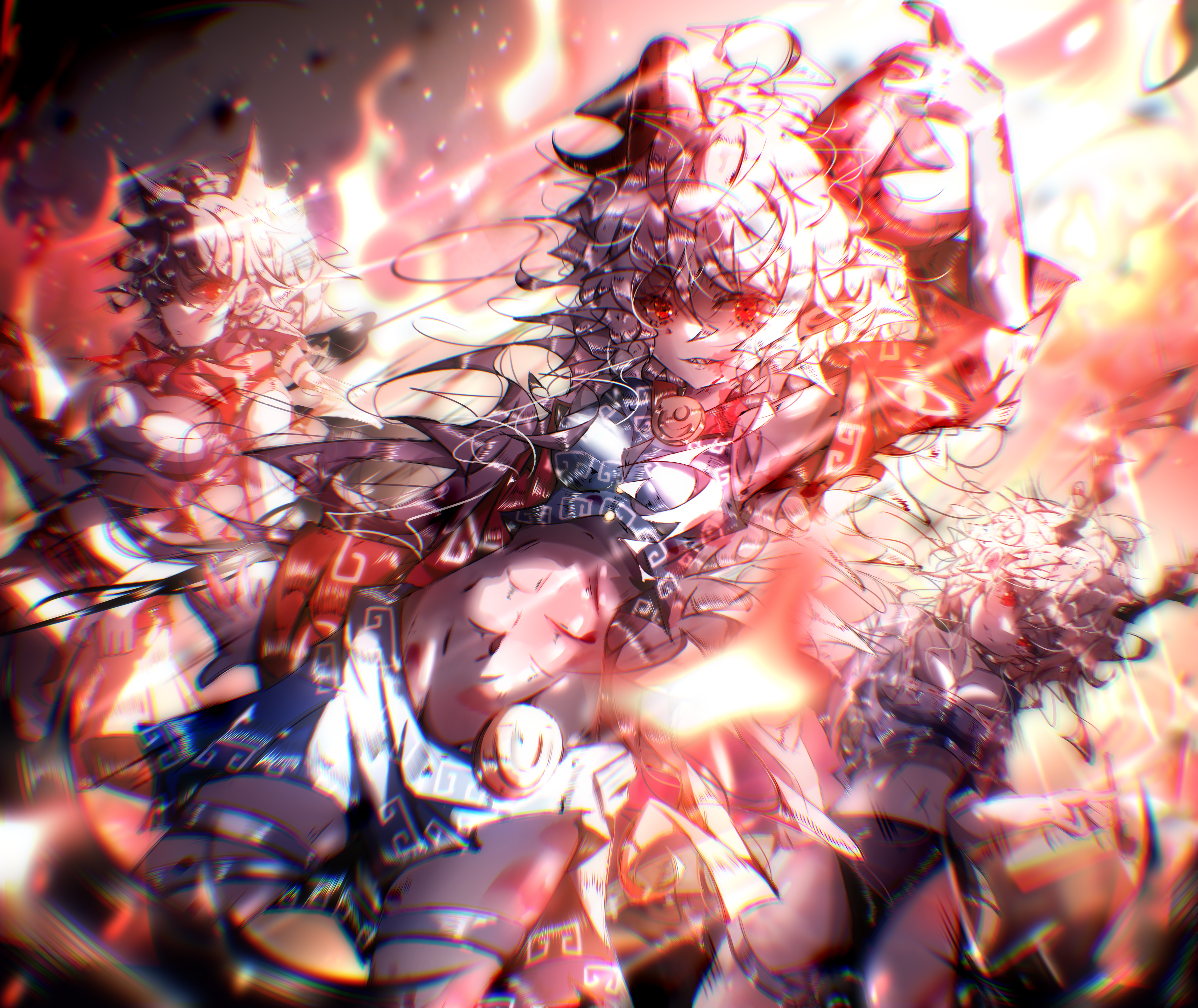 boxerrudy, kicchou yachie, kurokoma saki, toutetsu yuuma, touhou, absurdres, commentary request, highres, 3girls, abs, blonde hair, blue hair, crop top, dynamic pose, everyone, fire, glowing, horns, jewelry, long hair, multiple girls, red eyes, short shorts, shorts, white hair