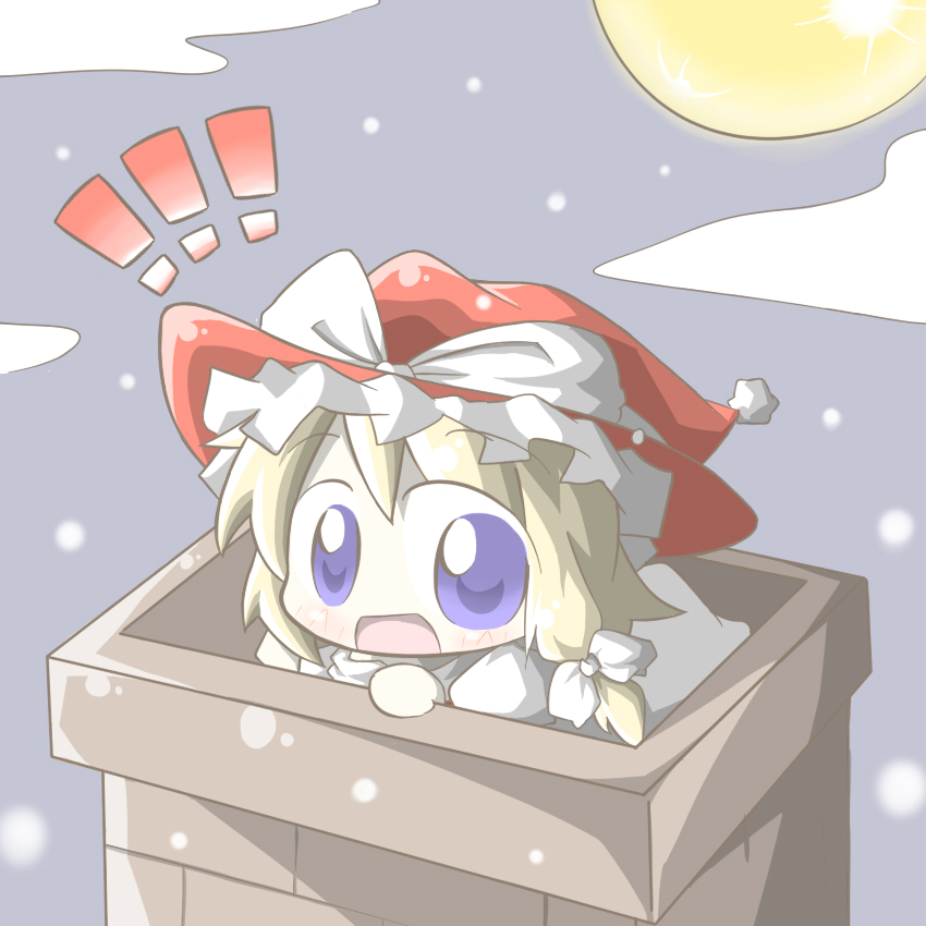 aoblue, kirisame marisa, touhou, !, 1girl, bag, blonde hair, blue eyes, chibi, chimney, female focus, hat, moon, sack, santa hat, solo, witch, witch hat