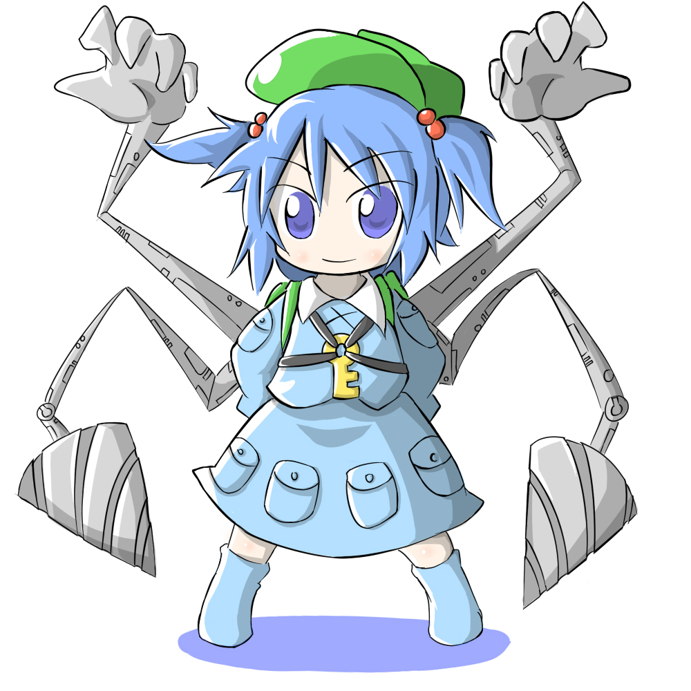 aoblue, kawashiro nitori, touhou, 1girl, backpack, bag, blue eyes, blue hair, chibi, drill, female focus, hair bobbles, hair ornament, hat, key, matching hair/eyes, mechanical arms, randoseru, short hair, single mechanical arm, solo, twintails, two side up