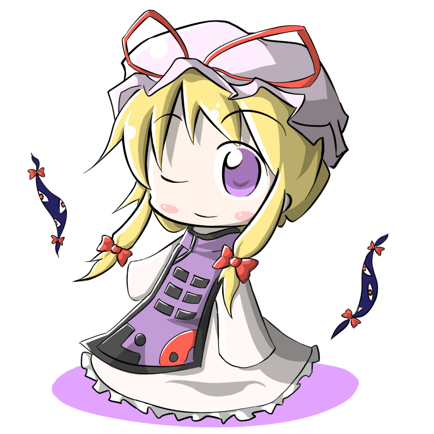 aoblue, yakumo yukari, touhou, 1girl, blonde hair, chibi, dress, female focus, full body, gap (touhou), hat, purple eyes, ribbon, simple background, solo, white background