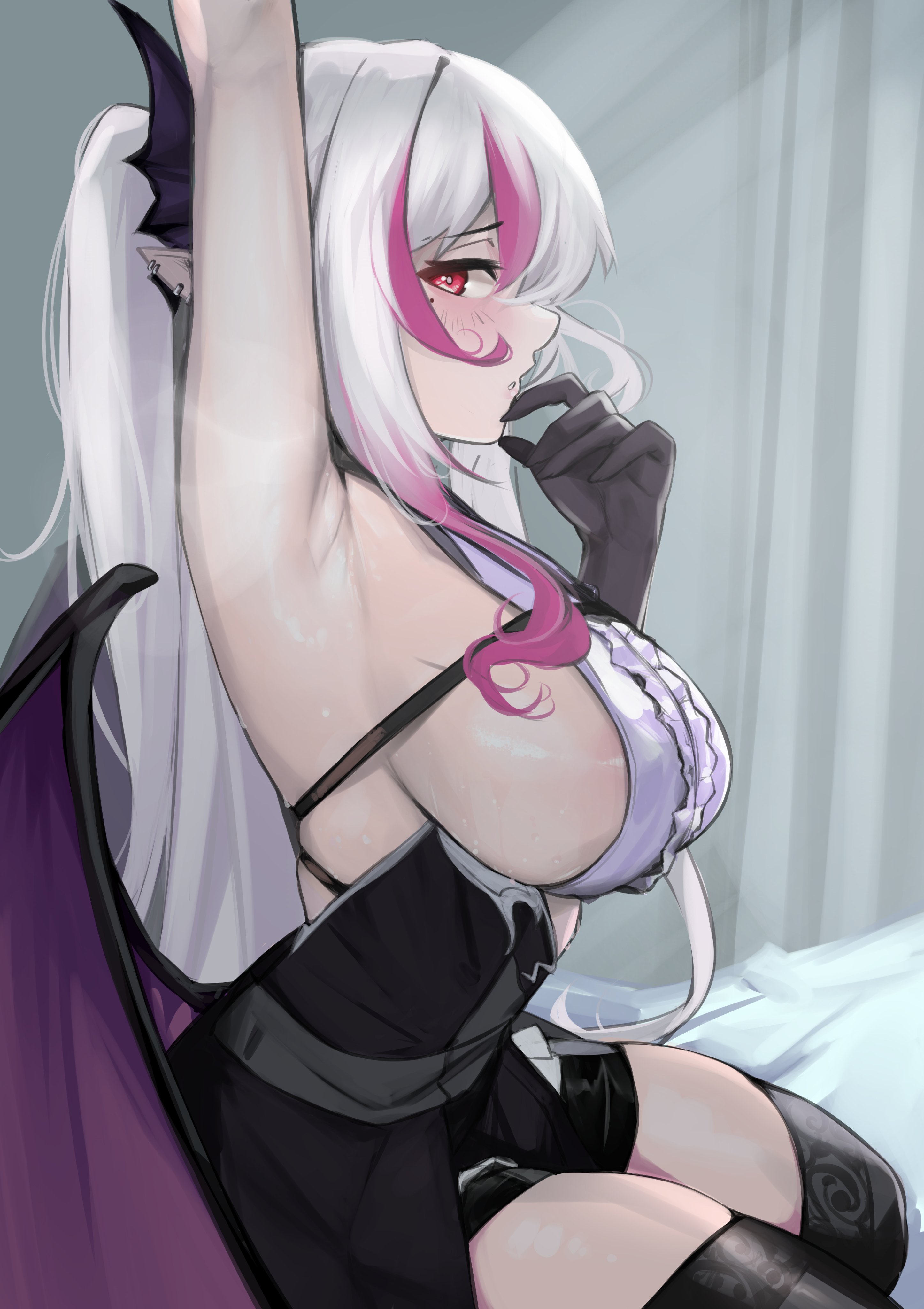 pupi (rain prophet), kou mariya, v4mirai, absurdres, commission, highres, 1girl, arm up, armpits, black gloves, black thighhighs, black wings, breasts, center frills, earrings, frills, from side, gloves, head wings, jewelry, large breasts, long hair, low wings, mole, mole under eye, multicolored hair, pink hair, pointy ears, purple wings, red eyes, shirt, sideboob, solo, streaked hair, thighhighs, virtual youtuber, white hair, white shirt, wings