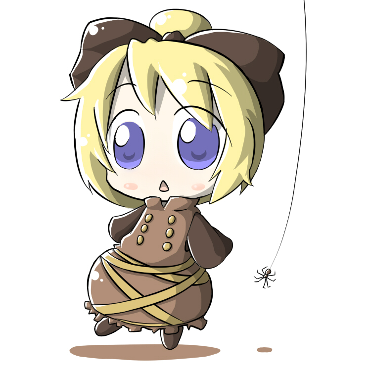aoblue, kurodani yamame, touhou, 1girl, :<, blonde hair, blue eyes, bug, chibi, female focus, ribbon, short hair, solo, spider, triangle mouth