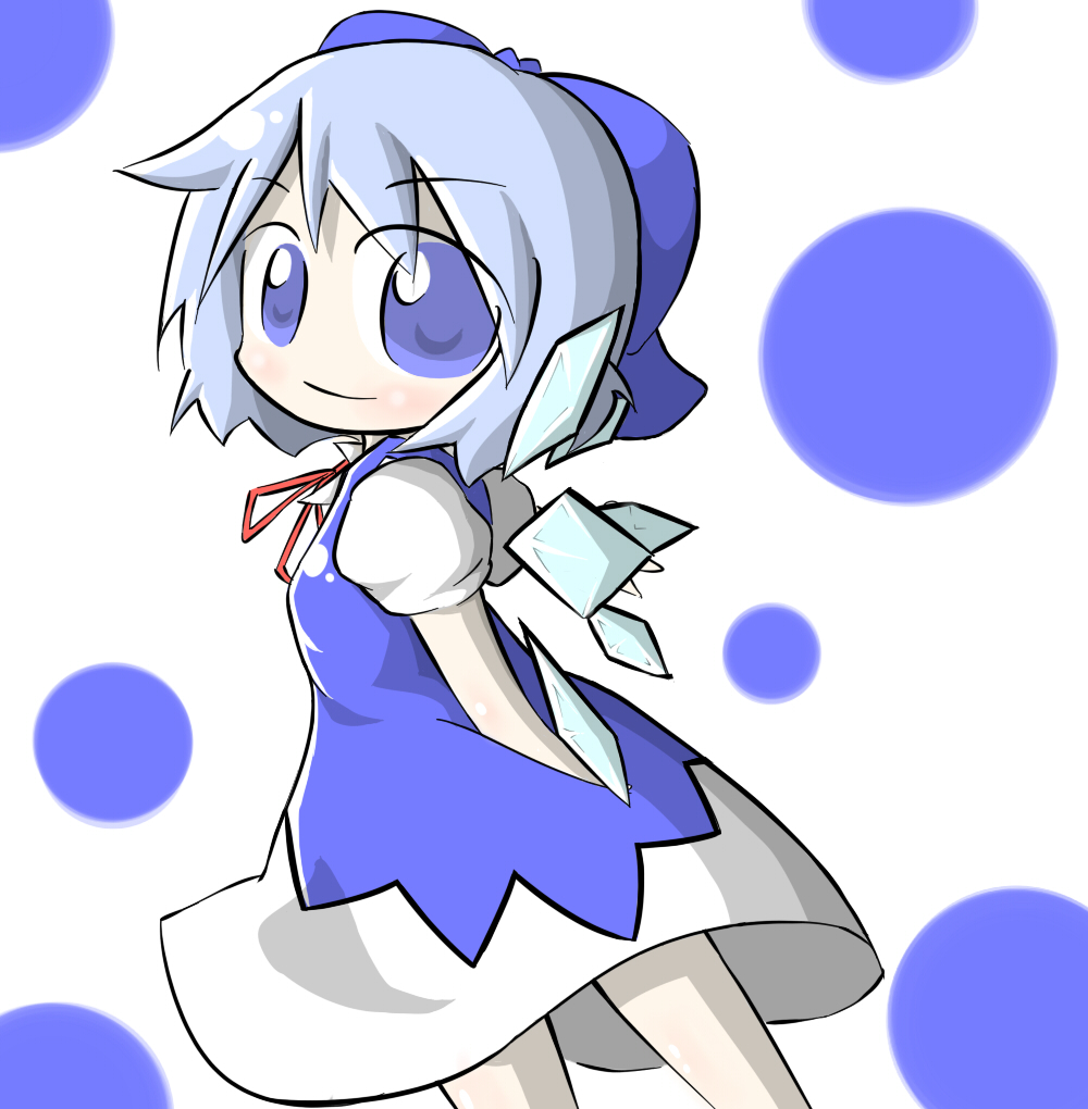 aoblue, cirno, embodiment of scarlet devil, touhou, 1girl, arms behind back, blue eyes, blue hair, chibi, dress, female focus, looking back, matching hair/eyes, short hair, solo, white background, wings