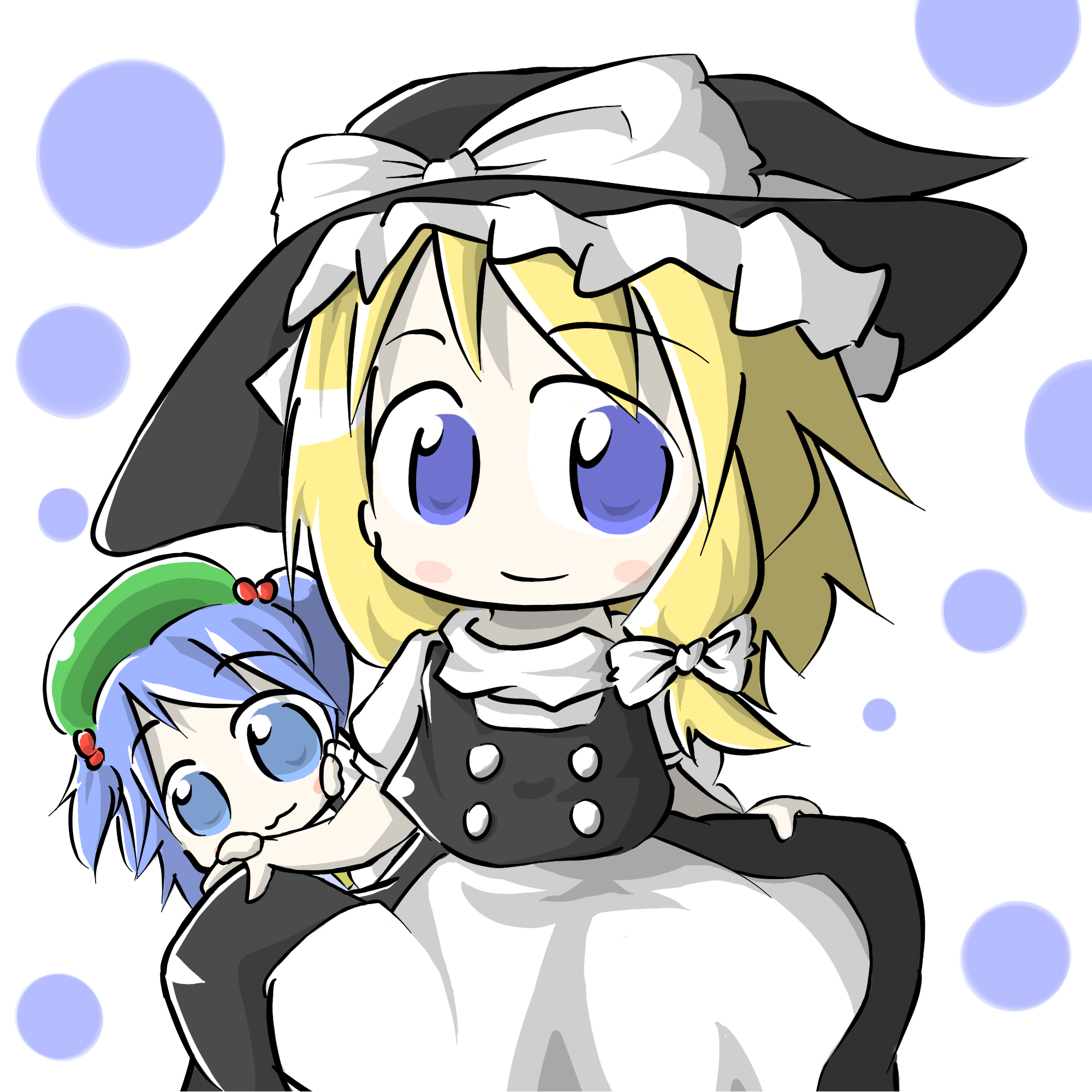 aoblue, kawashiro nitori, kirisame marisa, touhou, highres, 2girls, :3, blonde hair, blue eyes, blue hair, braid, chibi, female focus, hat, multiple girls, short hair, skirt, two side up, white background, witch, witch hat