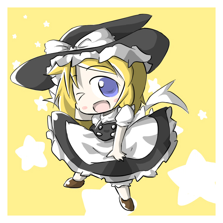 aoblue, kirisame marisa, touhou, 1girl, blonde hair, blue eyes, chibi, female focus, full body, hat, long hair, skirt, solo, star (symbol), underwear, wink, witch, witch hat