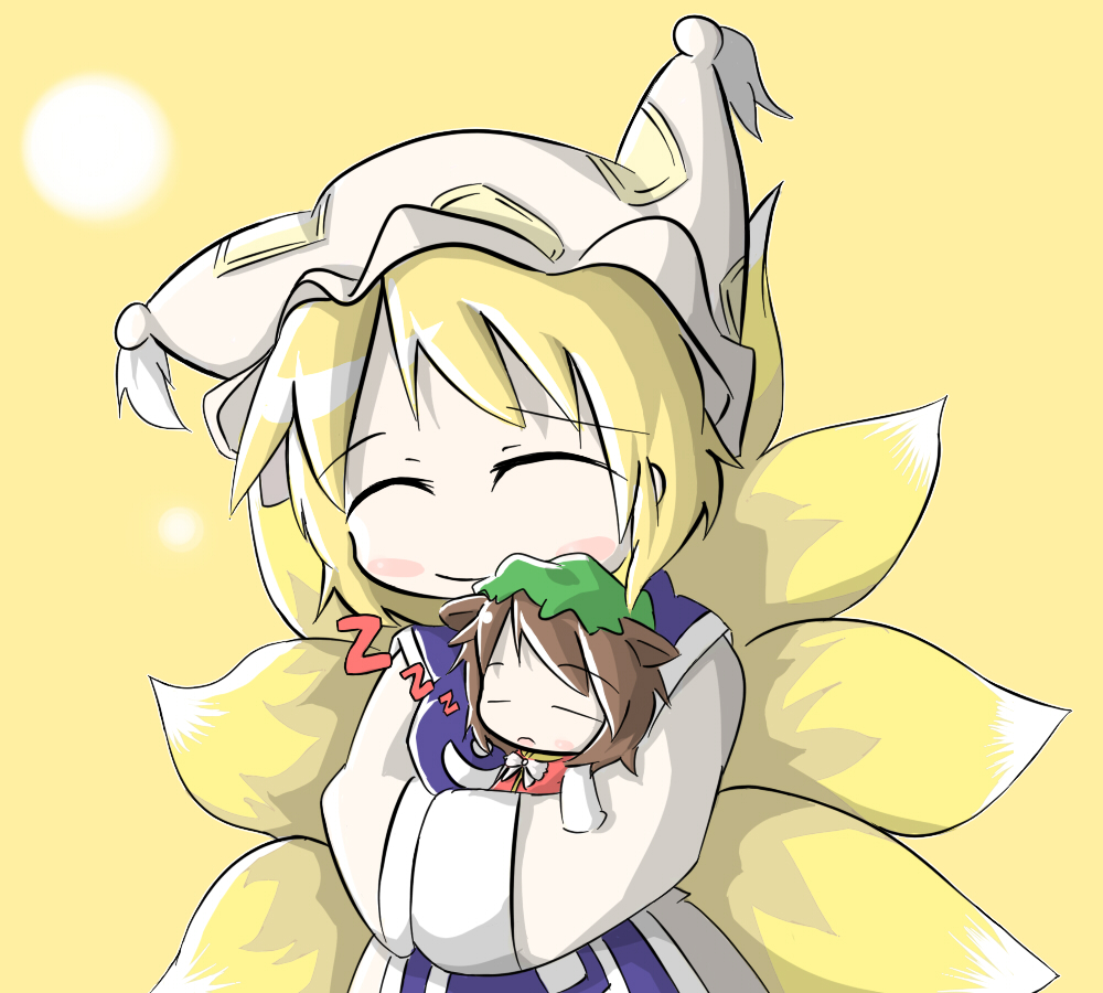aoblue, chen, yakumo ran, touhou, 2girls, ^ ^, animal ears, animal hat, blonde hair, blush, brown hair, carrying, cat ears, cat girl, cat tail, chibi, closed eyes, female focus, fox ears, fox tail, hat, kitsune, kyuubi, long sleeves, mob cap, multiple girls, multiple tails, short hair, sleeping, smile, tail, tassel, wide sleeves, yellow background, zzz